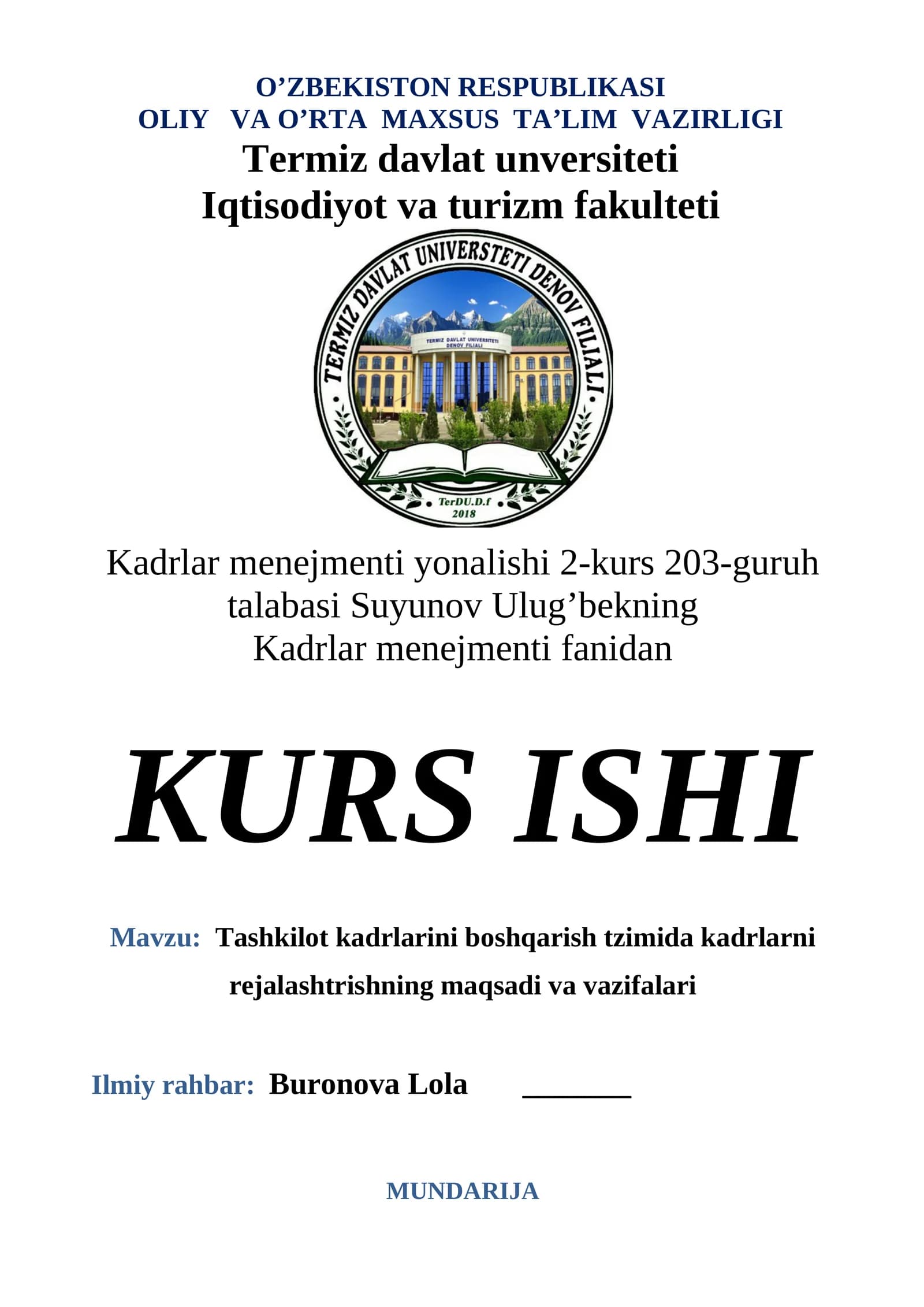 Kadrlar menejmenti yonalishi 2-kurs 203-guruh talabasi Suyunov Ulug’bekning