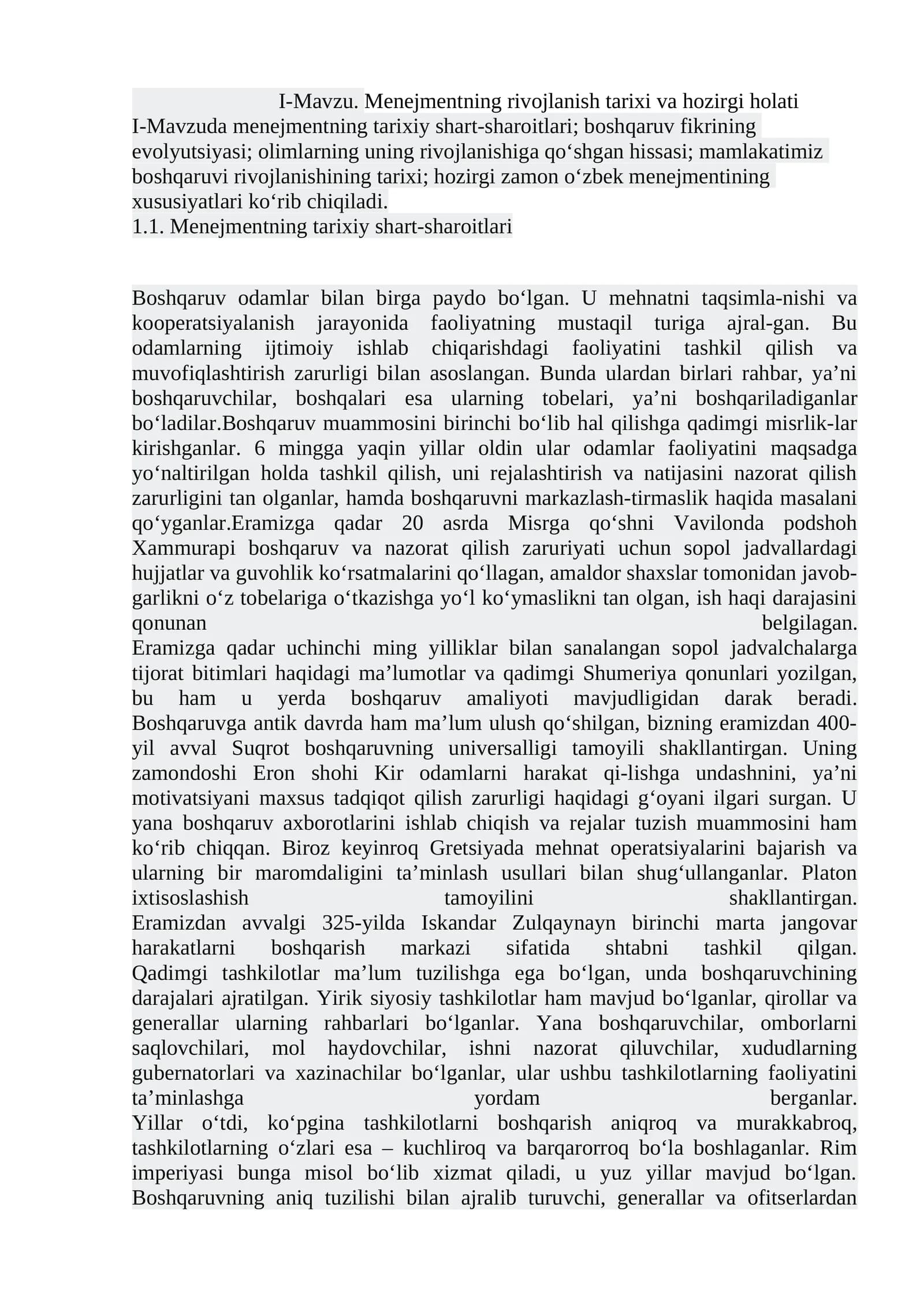 I-Mavzu.Menejmentning rivojlanish tarixi va hozirgi holati