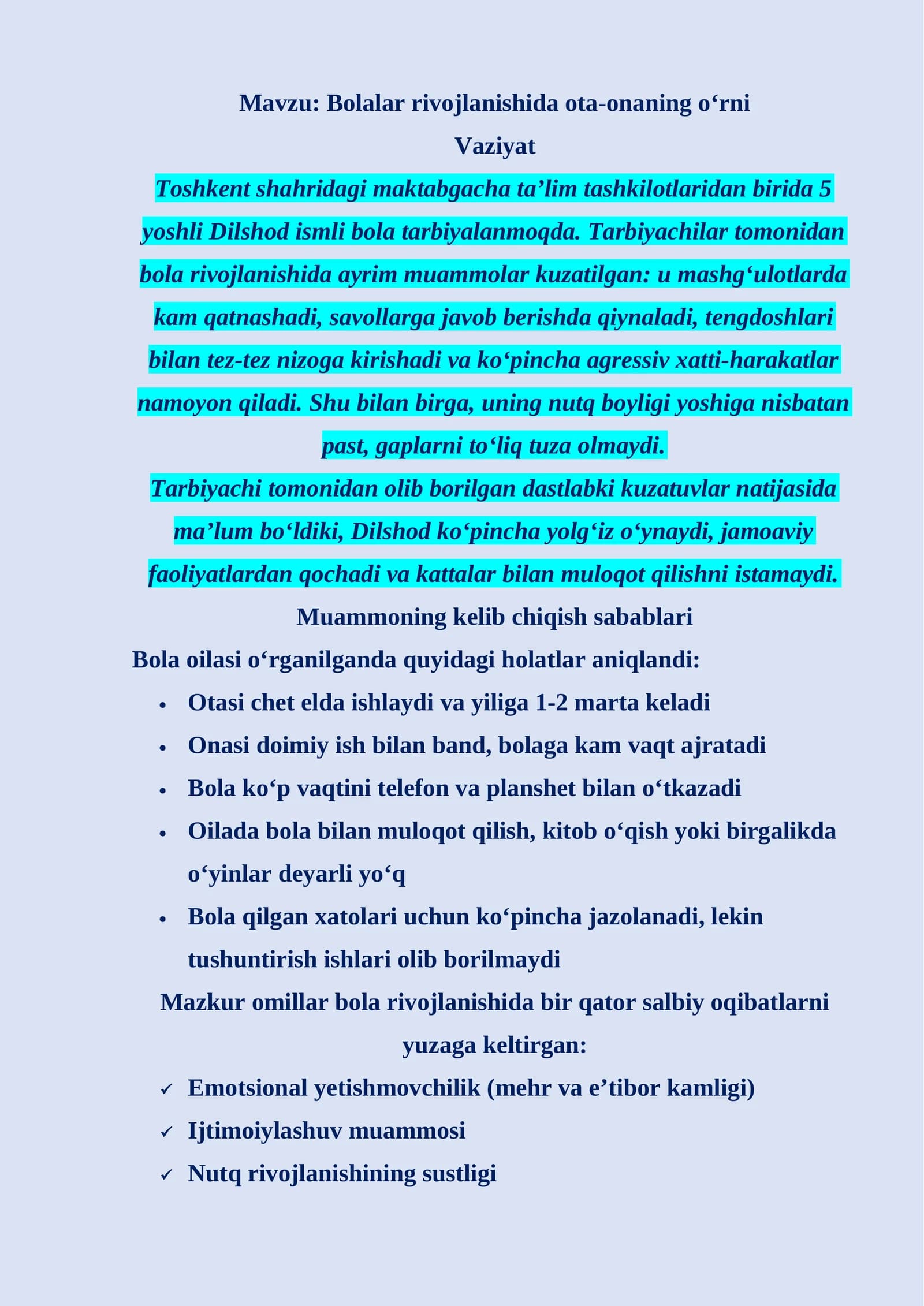 Bolalar rivojlanishida ota-onaning o‘rni