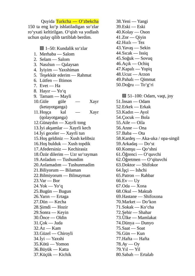 Turkcha — O’zbekcha 150 ta eng ko‘p ishlatiladigan so‘zlar ro‘yxati