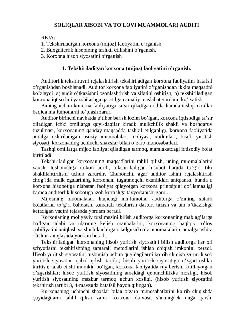 SOLIQLAR XISOBI VA TO'LOVI MUAMMOLARI AUDITI