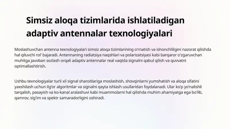 Simsiz aloqa tizimlarida ishlatiladigan adaptiv antennalar texnologiyalari