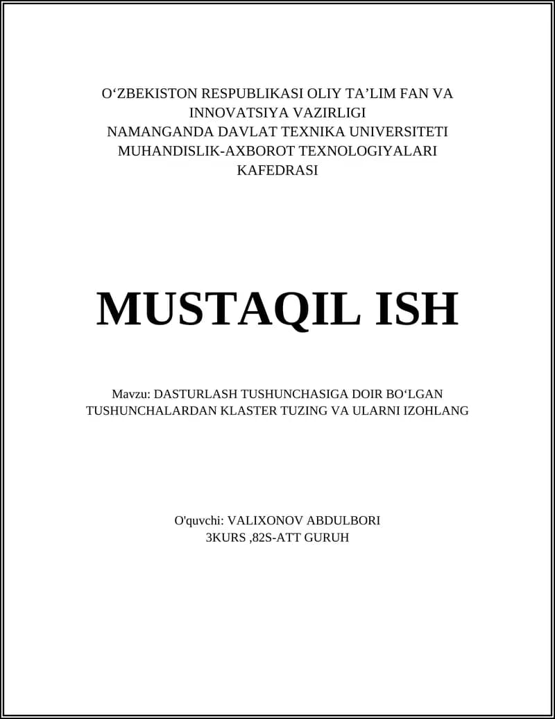 DASTURLASH TUSHUNCHASIGA DOIR BO‘LGAN TUSHUNCHALARDAN KLASTER TUZING VA ULARNI IZOHLANG