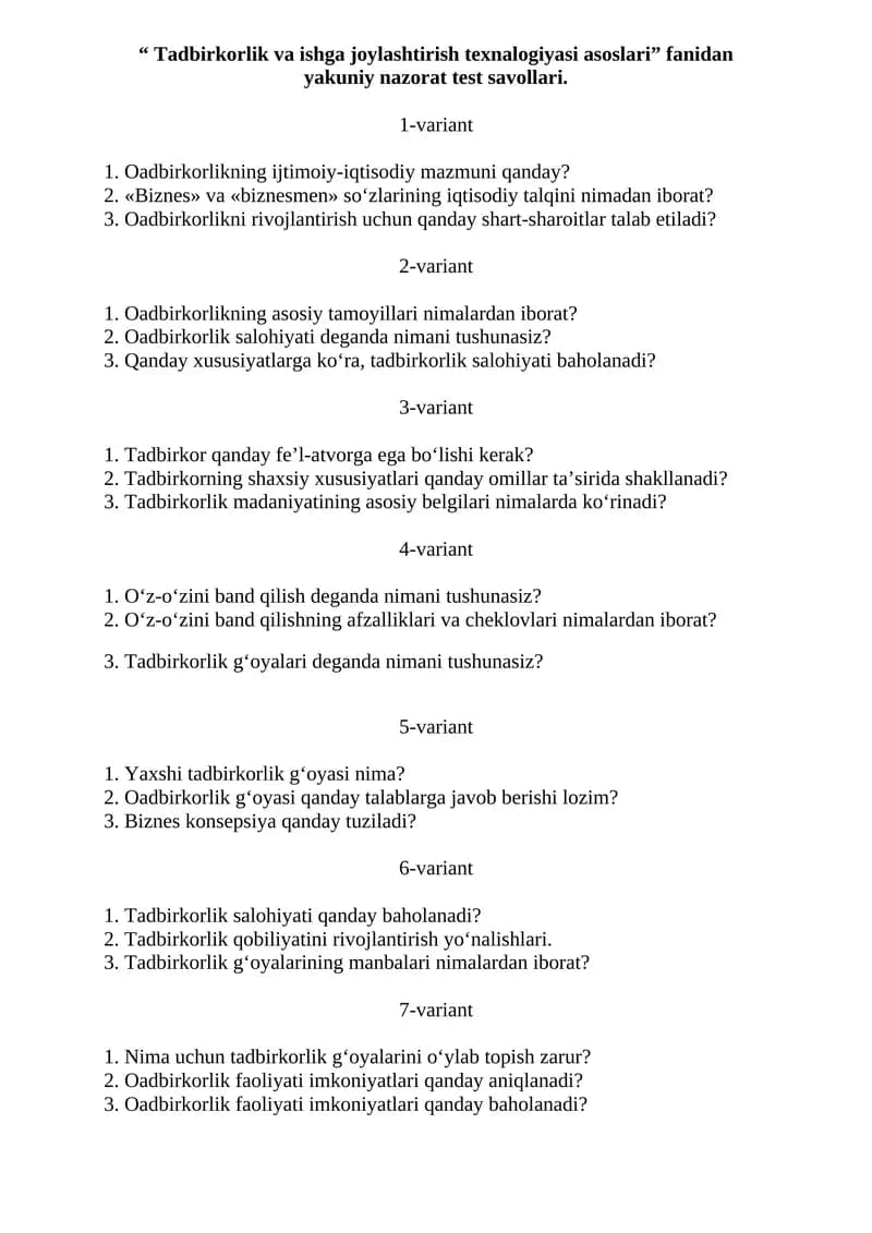 “ Tadbirkorlik va ishga joylashtirish texnalogiyasi asoslari” fanidan yakuniy nazorat test savollari