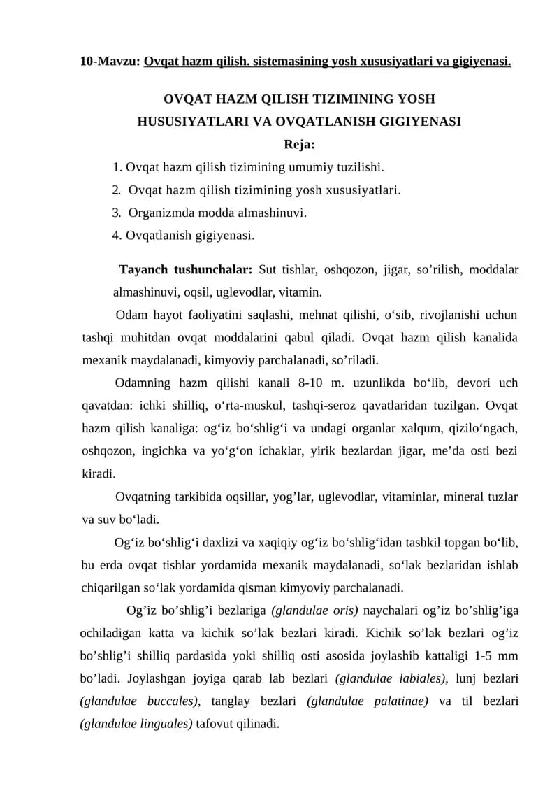 Ovqat hazm qilish tizimining yosh xususiyatlari va gigiyenasi
