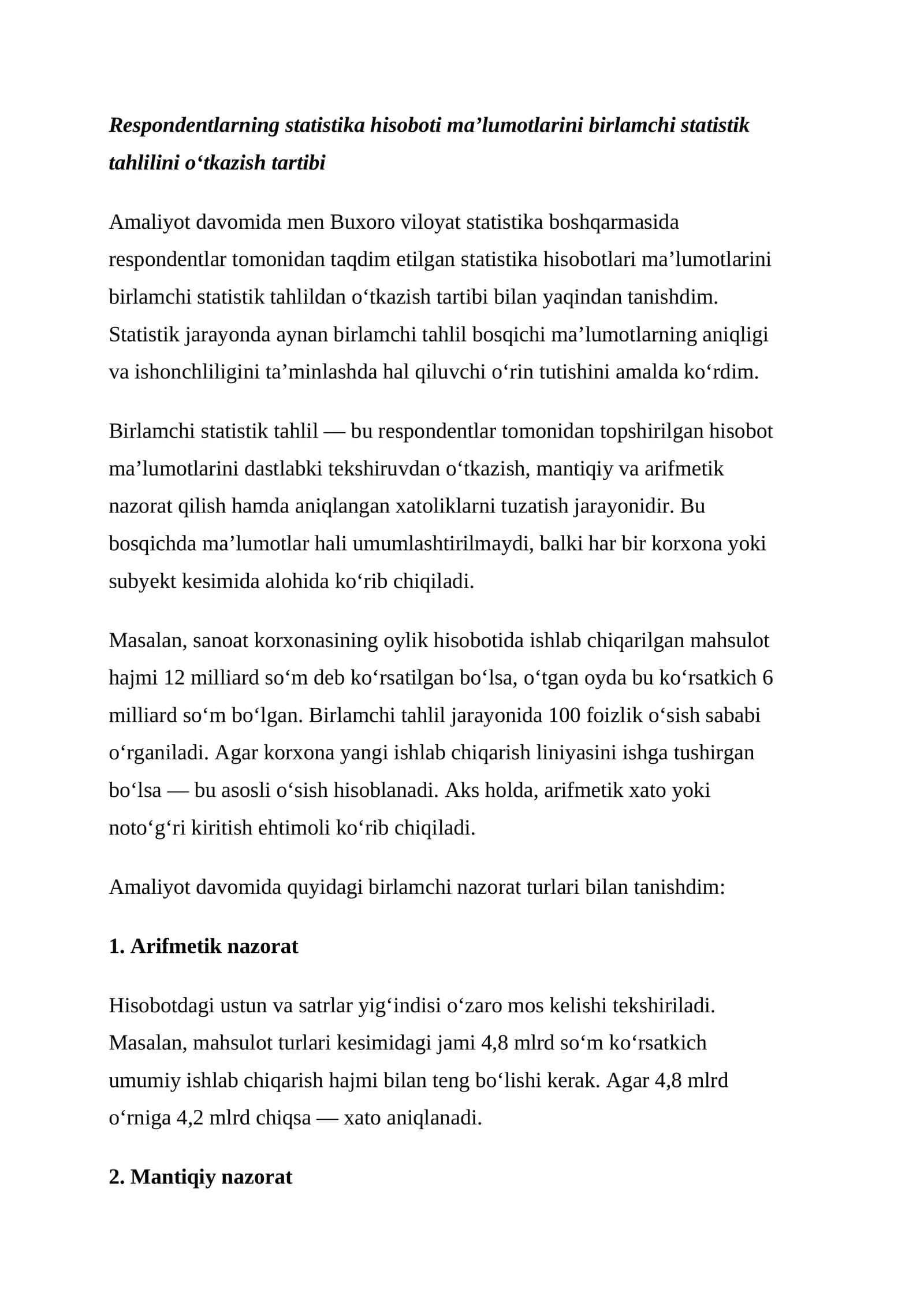 Respondentlarning statistika hisoboti ma’lumotlarini birlamchi statistik tahlilini o‘tkazish tartibi