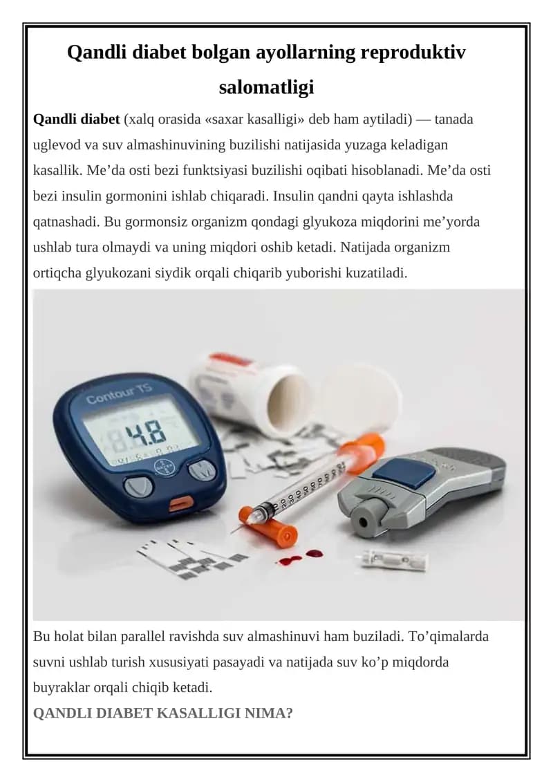 Qandli diabet bolgan ayollarning reproduktiv salomatligi