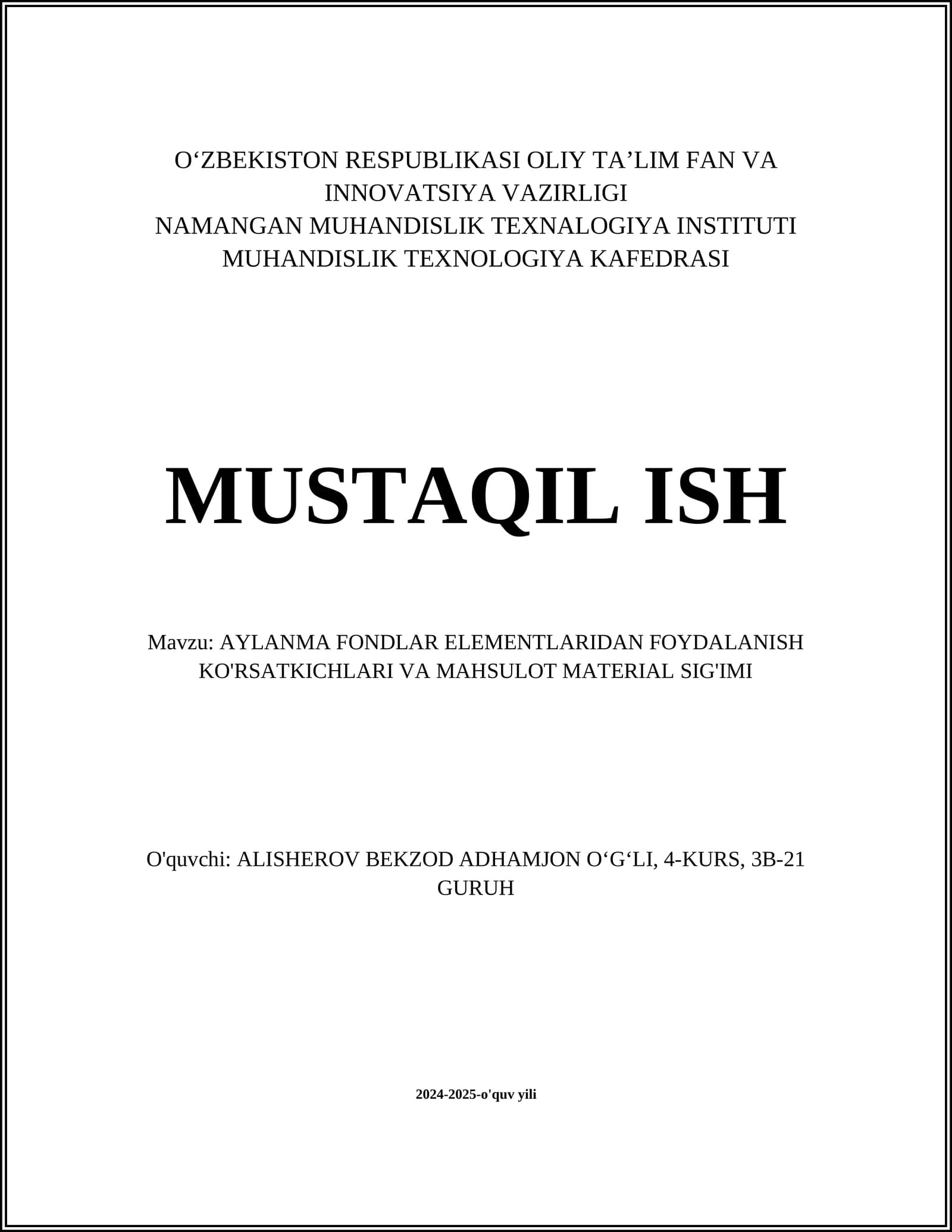 AYLANMA FONDLAR ELEMENTLARIDAN FOYDALANISH KO'RSATKICHLARI VA MAHSULOT MATERIAL SIG'IMI