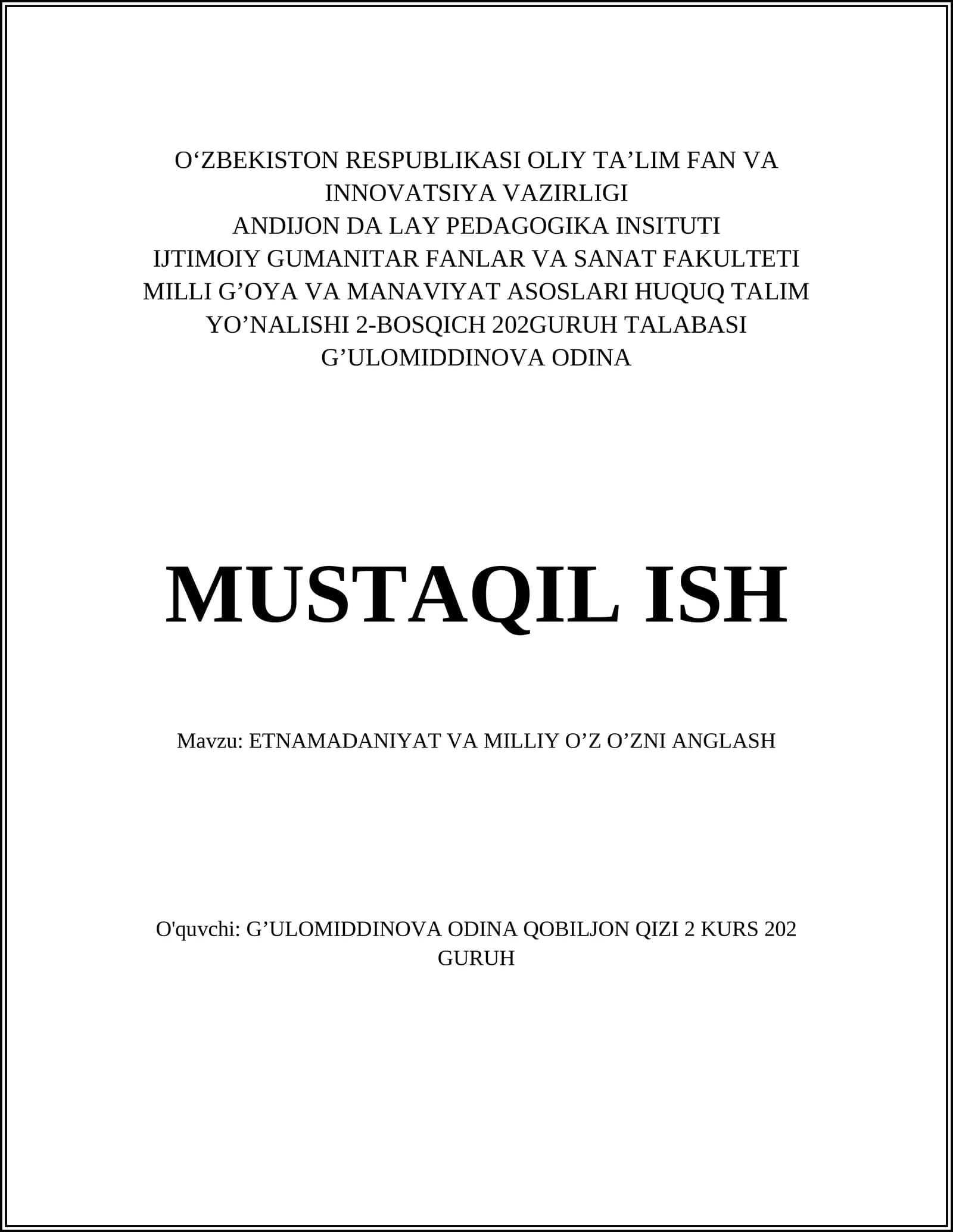 Milli G’oya va Manaviyat Asoslari Huquq Talim Yo’nalishi 2-Bosqich