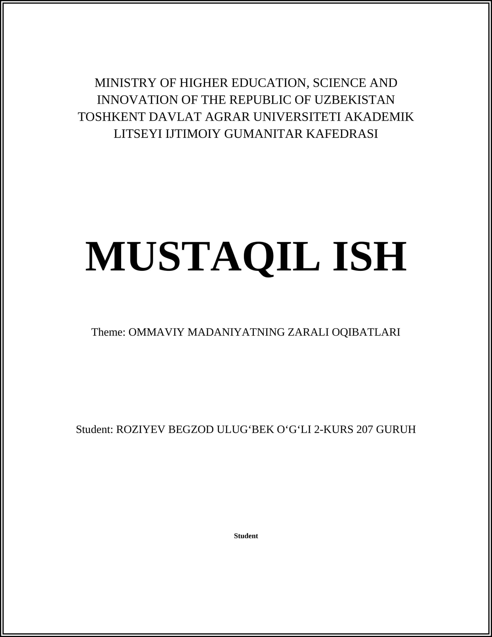 OMMAVIY MADANIYATNING ZARALI OQIBATLARI