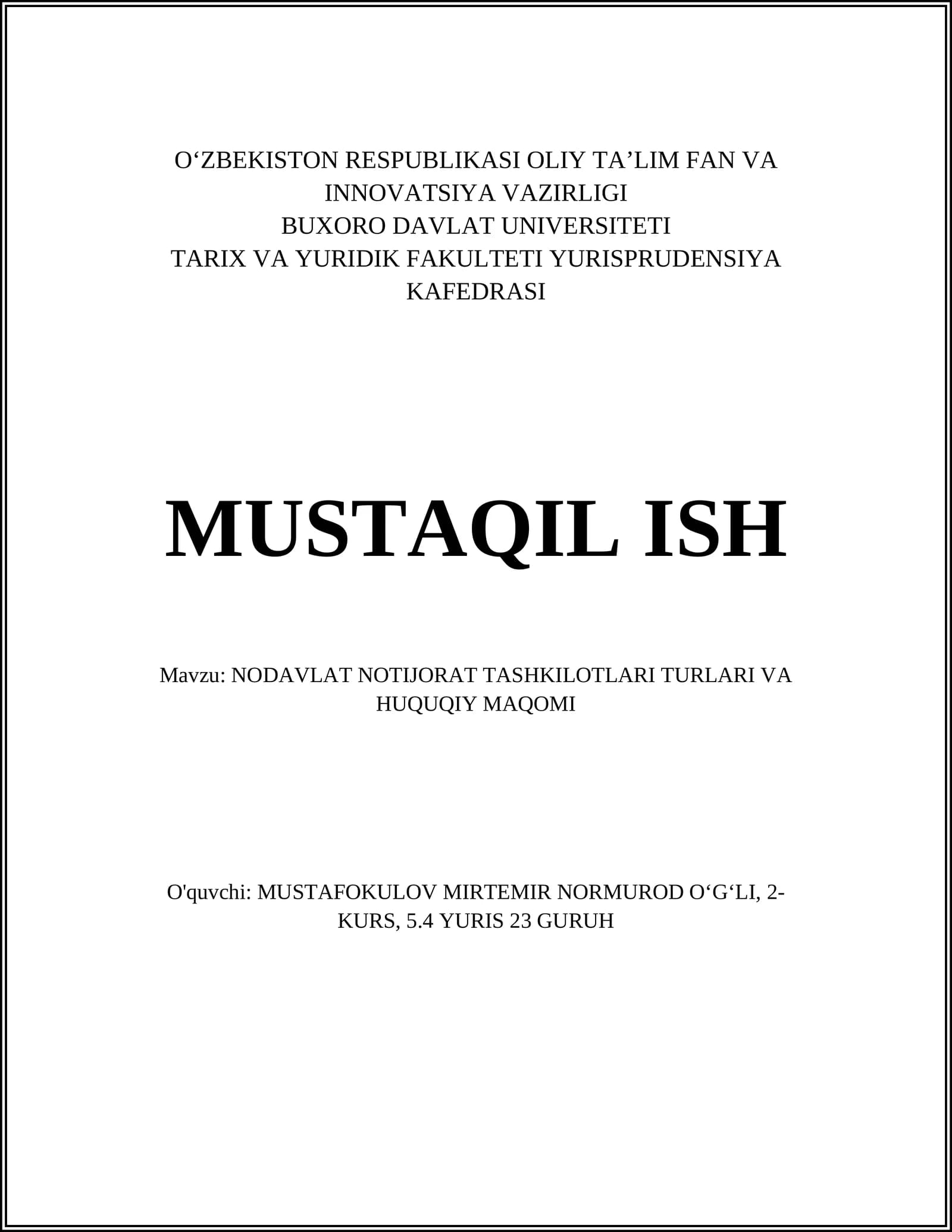 NODAVLAT NOTIJORAT TASHKILOTLARI TURLARI VA HUQUQIY MAQOMI