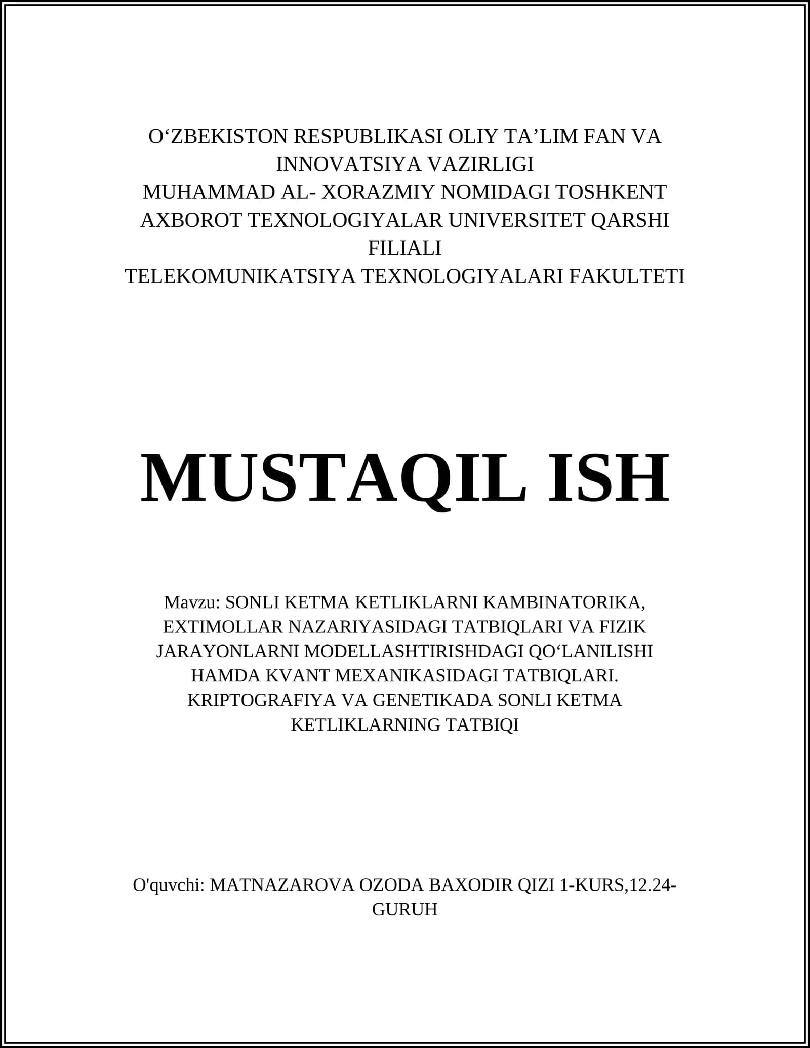 SONLI KETMA KETLIKLARNING TATBIQI