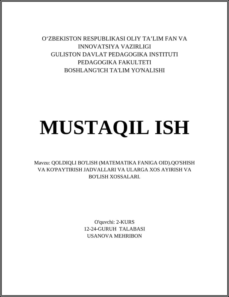 QOLDIQLI BO'LISH (MATEMATIKA FANIGA OID)