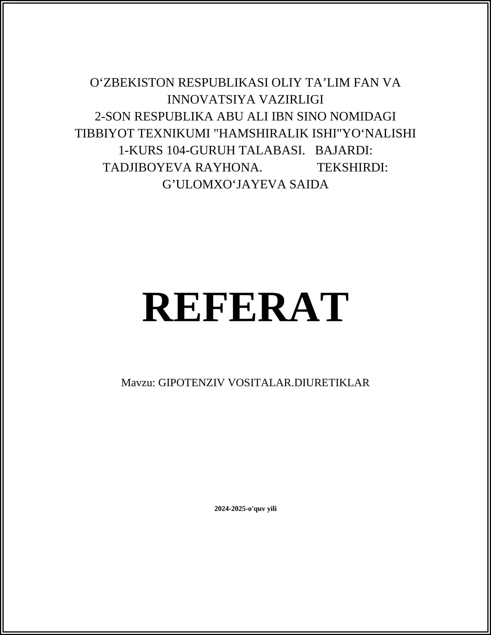 Gipotenziv vositalar.Diuretiklar