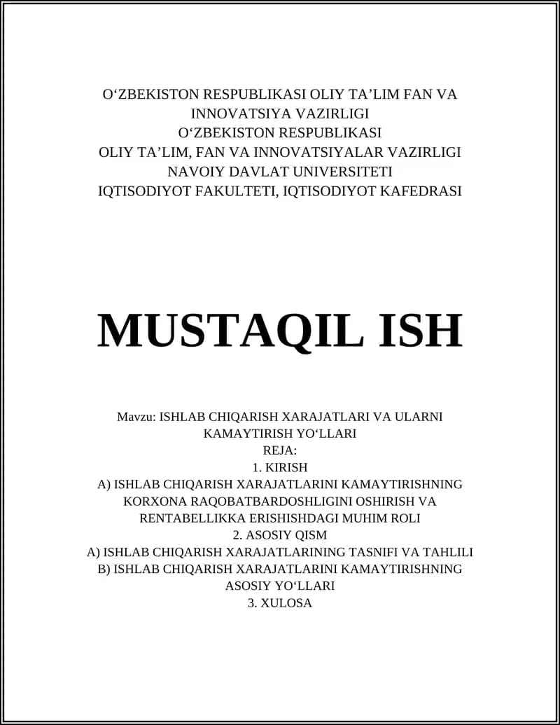 ISHLAB CHIQARISH XARAJATLARI VA ULARNI KAMAYTIRISH YO‘LLARI