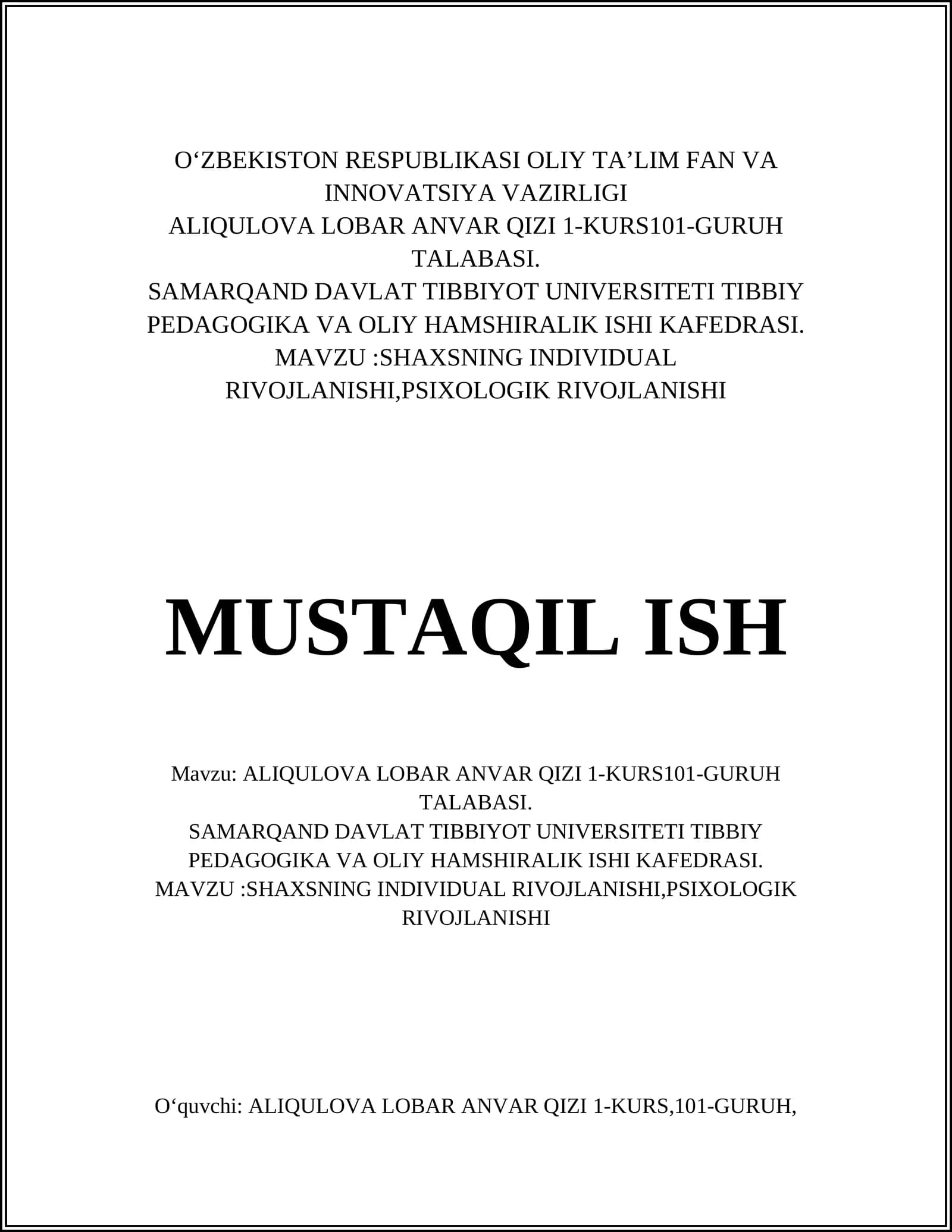 ALIQULOVA LOBAR ANVAR QIZI 1-KURS101-GURUH TALABASI