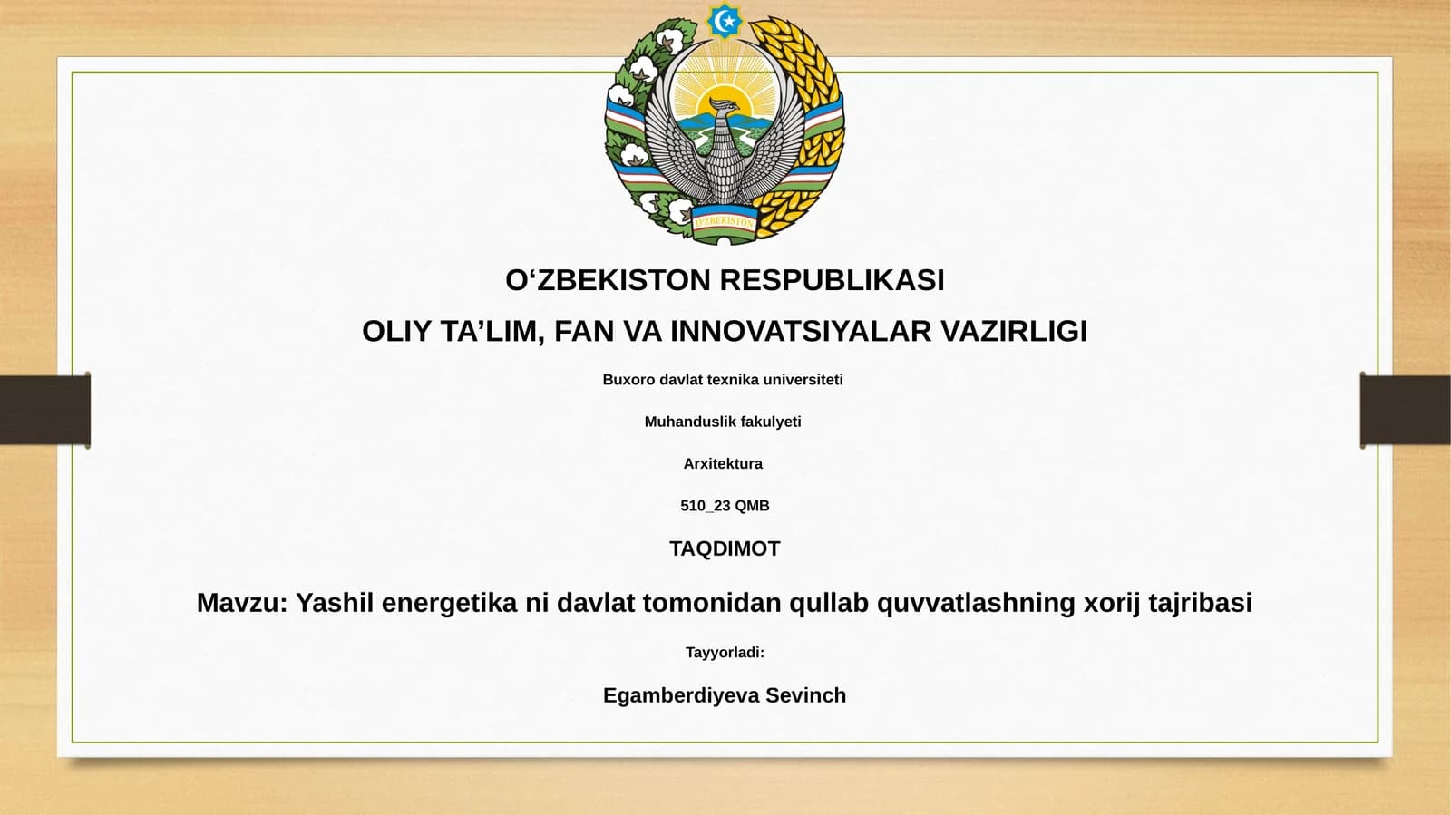 Yashil energetika ni davlat tomonidan qullab quvvatlashning xorij tajribasi