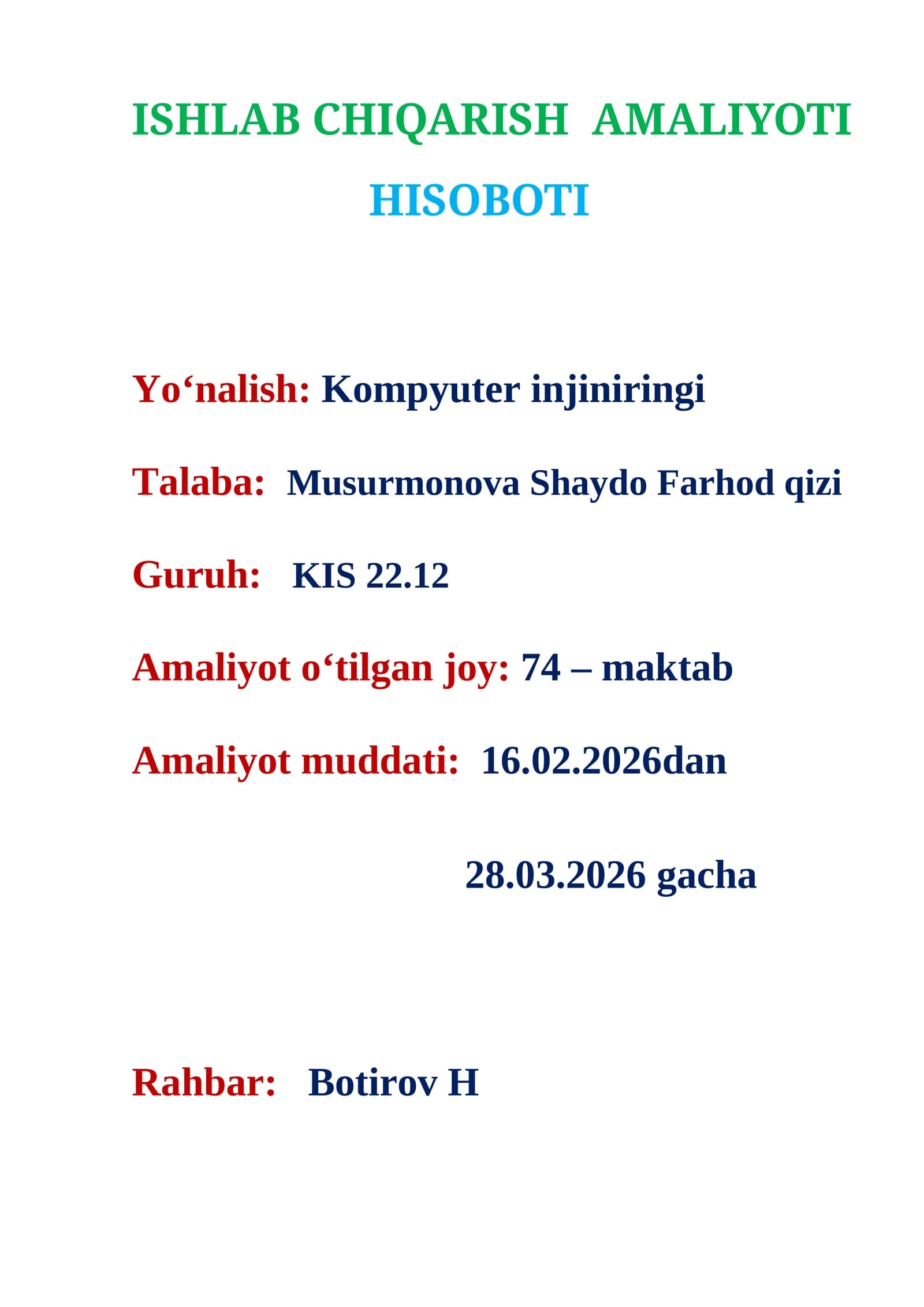 ISHLAB CHIQARISH AMALIYOTI HISOBOTI