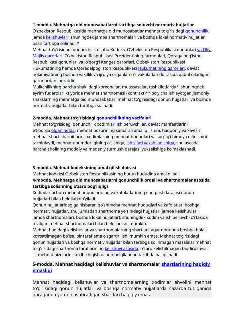 1-modda. Mehnatga oid munosabatlarni tartibga soluvchi normativ hujjatlar