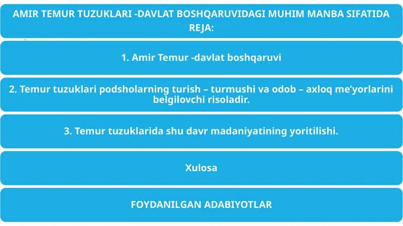 AMIR TEMUR TUZUKLARI -DAVLAT BOSHQARUVIDAGI MUHIM MANBA SIFATIDA