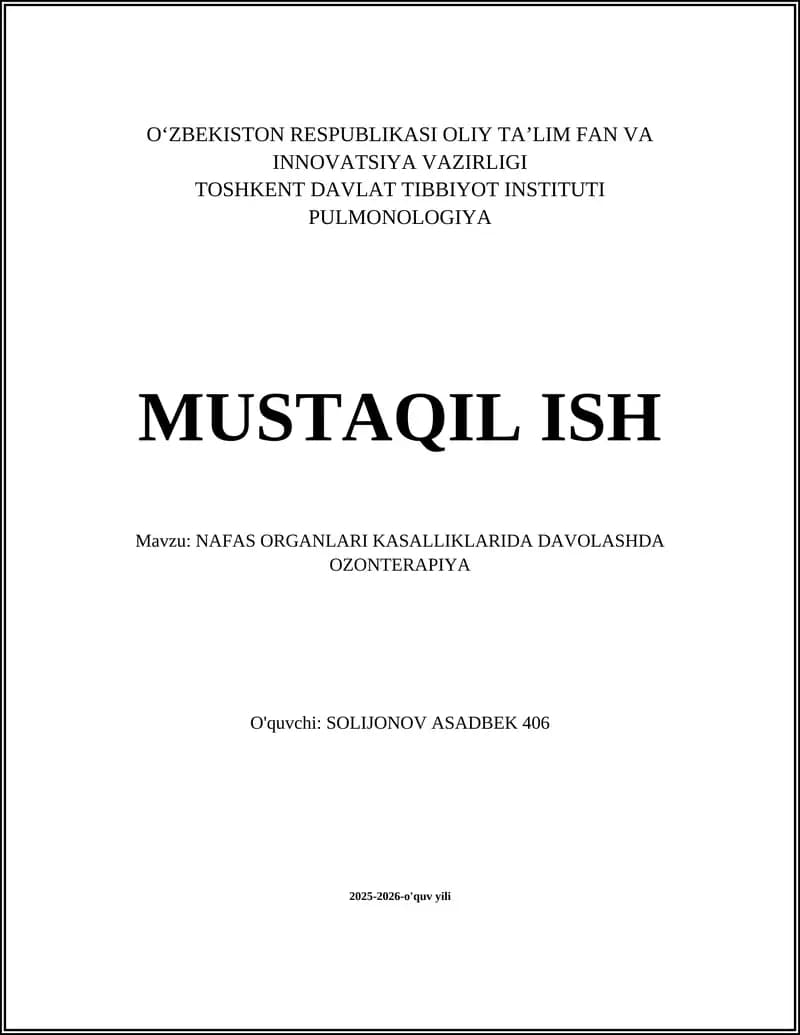 NAFAS ORGANLARI KASALLIKLARIDA DAVOLASHDA OZONTERAPIYA