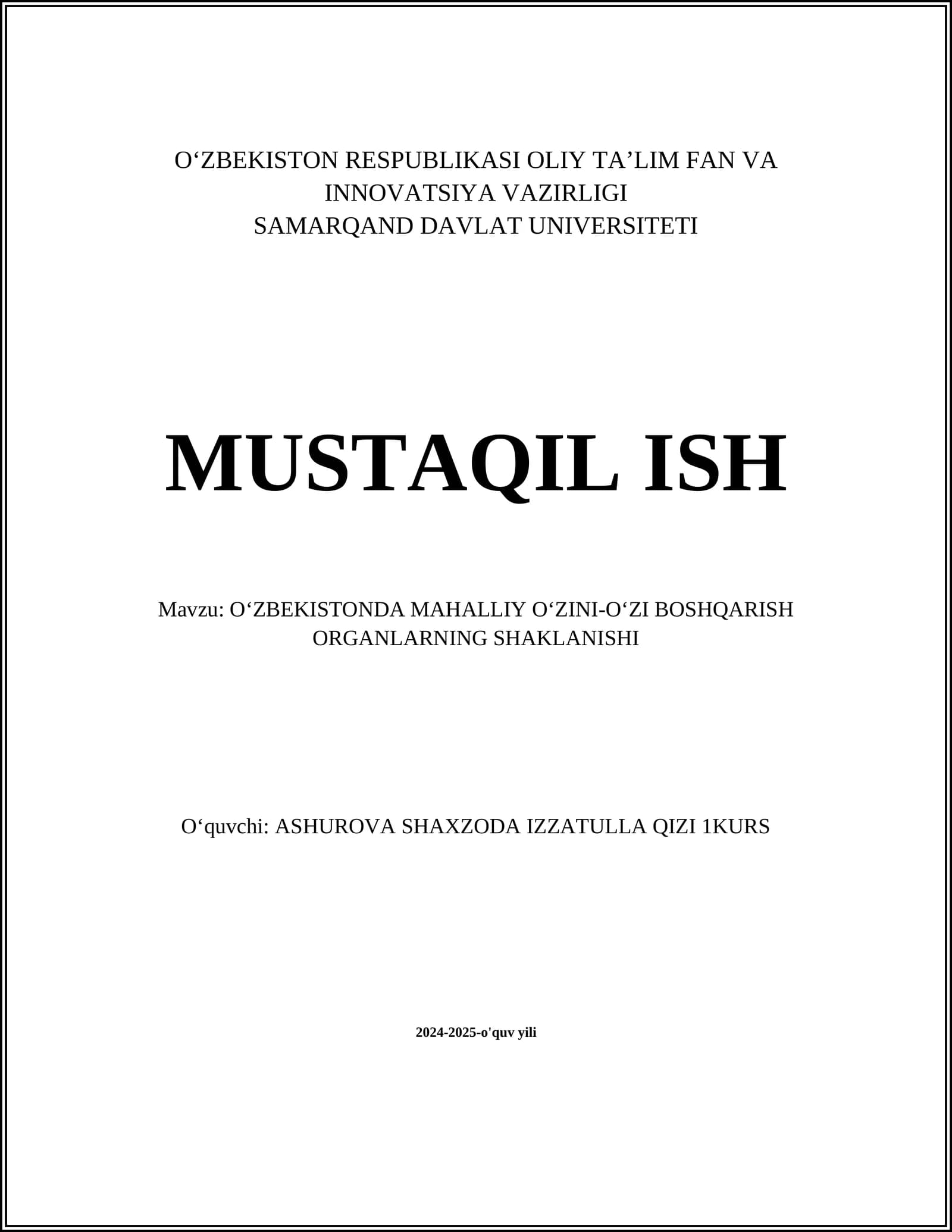 OʻZBEKISTONDA MAHALLIY OʻZINI-OʻZI BOSHQARISH ORGANLARNING SHAKLANISHI