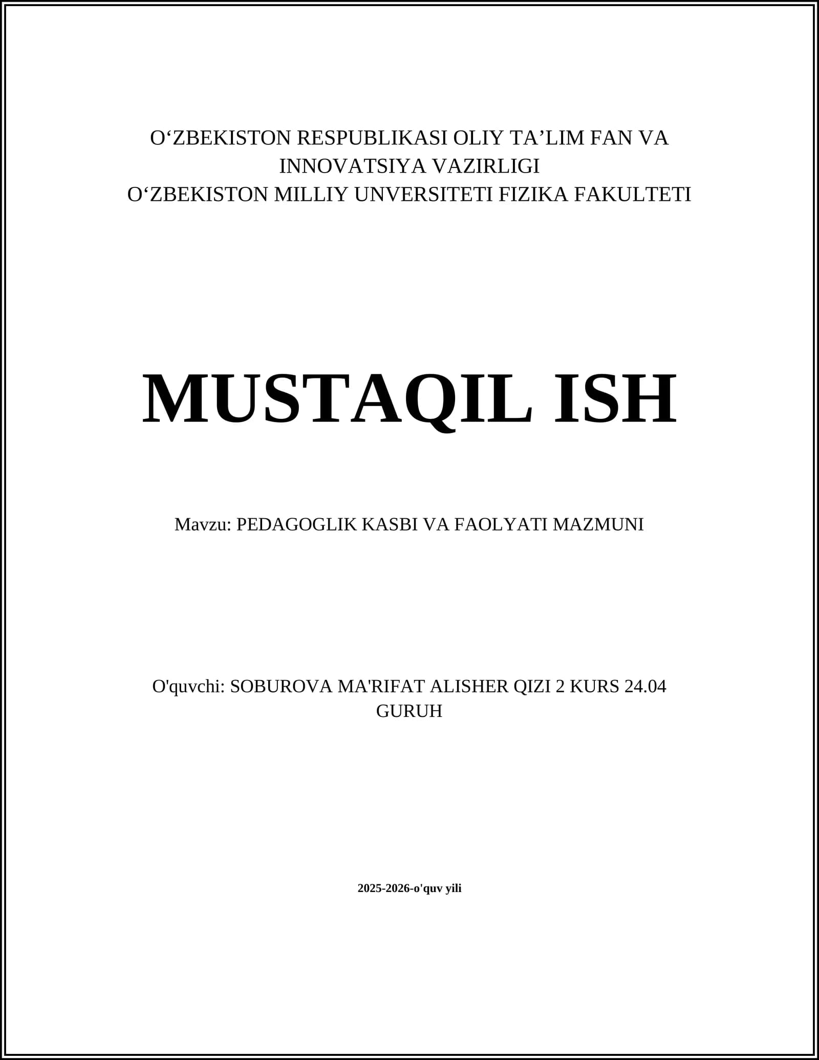 PEDAGOGLIK KASBI VA FAOLYATI MAZMUNI