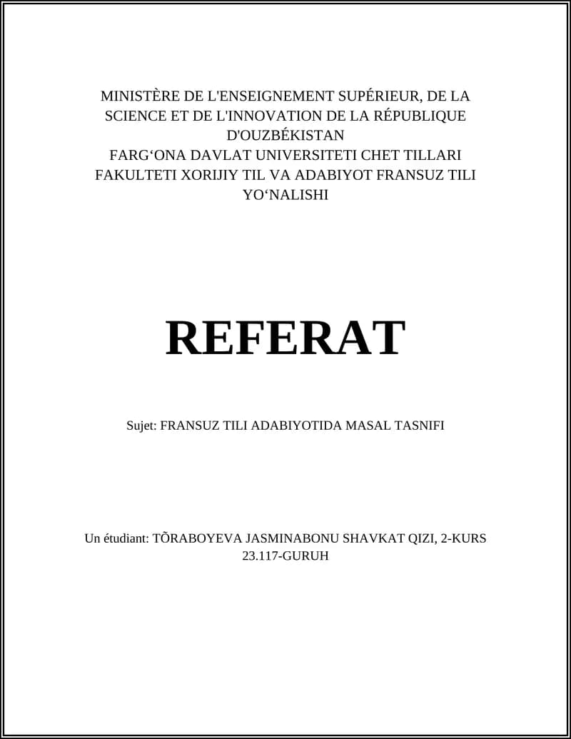 FRANSUZ TILI ADABIYOTIDA MASAL TASNIFI