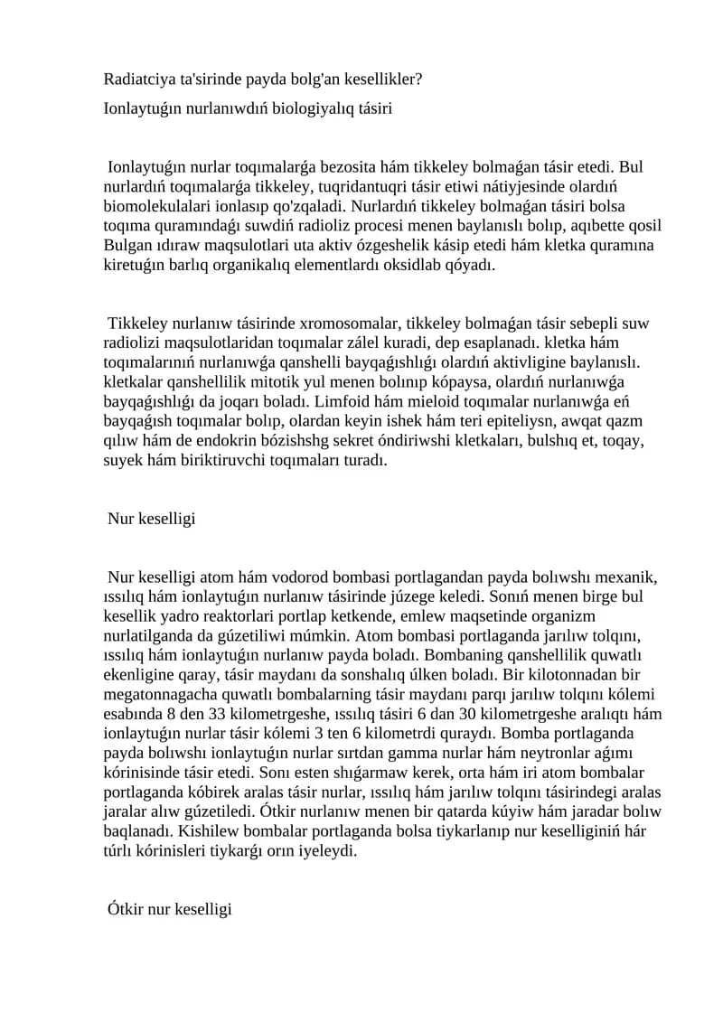 Radiatciya ta'sirinde payda bolg'an kesellikler