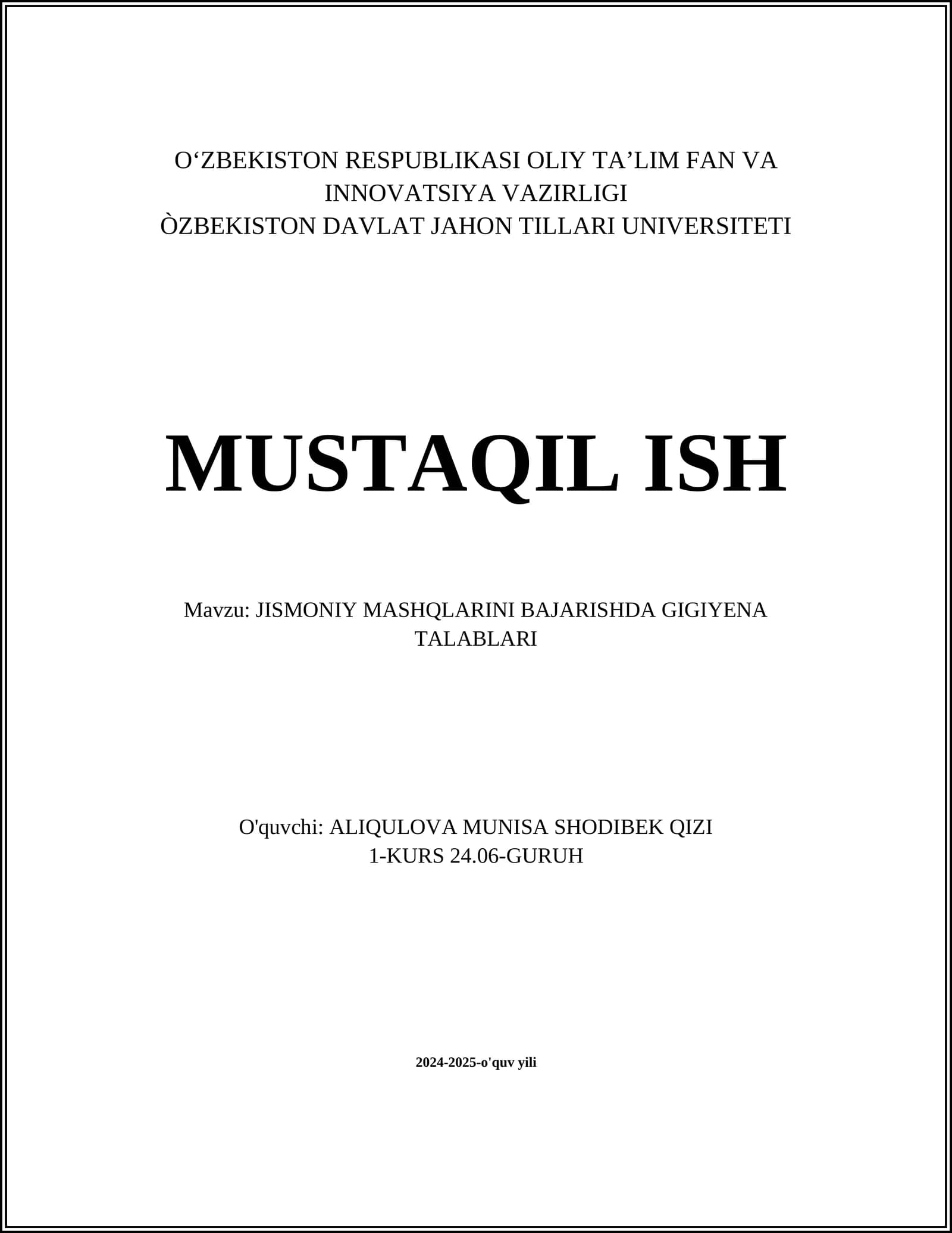 JISMONIY MASHQLARINI BAJARISHDA GIGIYENA TALABLARI