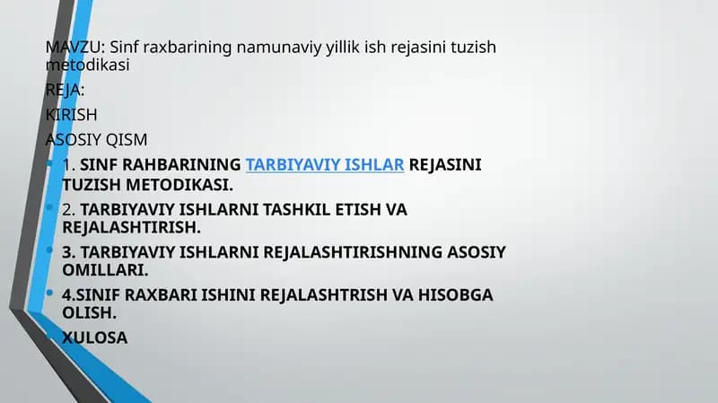 Sinfraxbarining namunaviy ish rejasi tuzish metodikasi