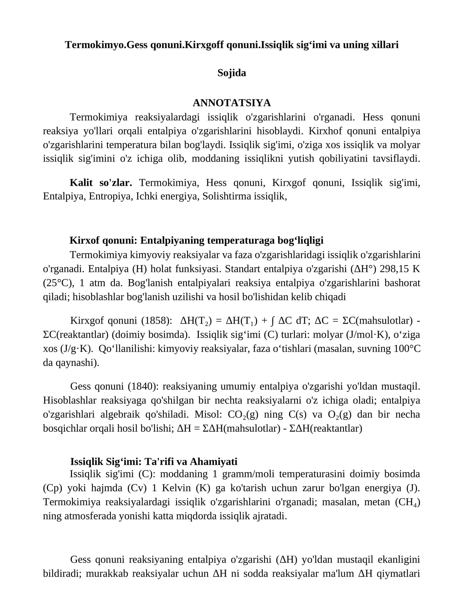 Termokimyo.Gess qonuni.Kirxgoff qonuni.Issiqlik sig‘imi va uning xillari