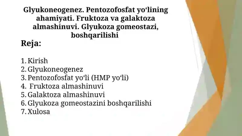 Glyukoneogenez. Pentozofosfat yo‘lining ahamiyati. Fruktoza va galaktoza almashinuvi. Glyukoza gomeostazi, boshqarilishi