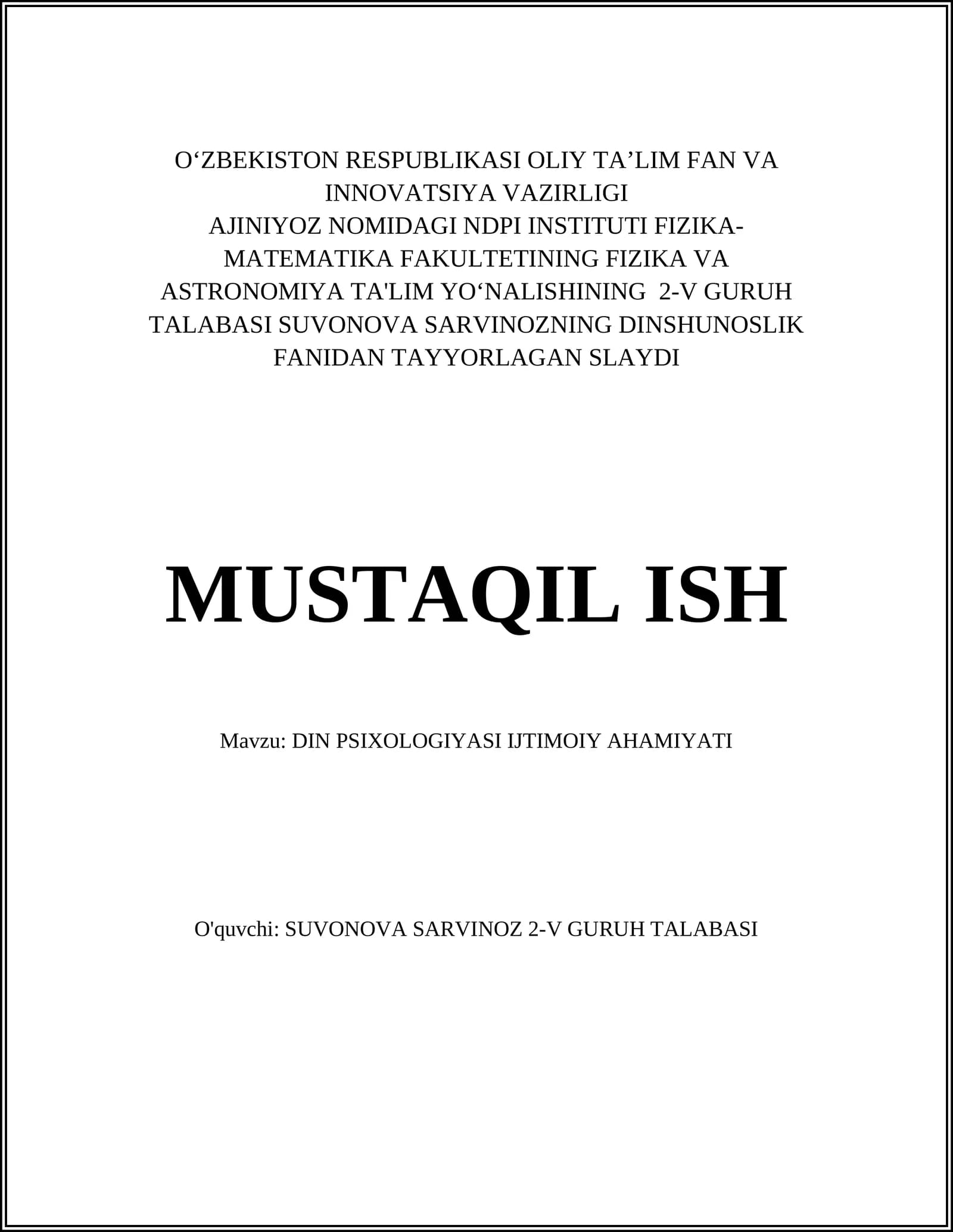 DIN PSIXOLOGIYASI IJTIMOIY AHAMIYATI