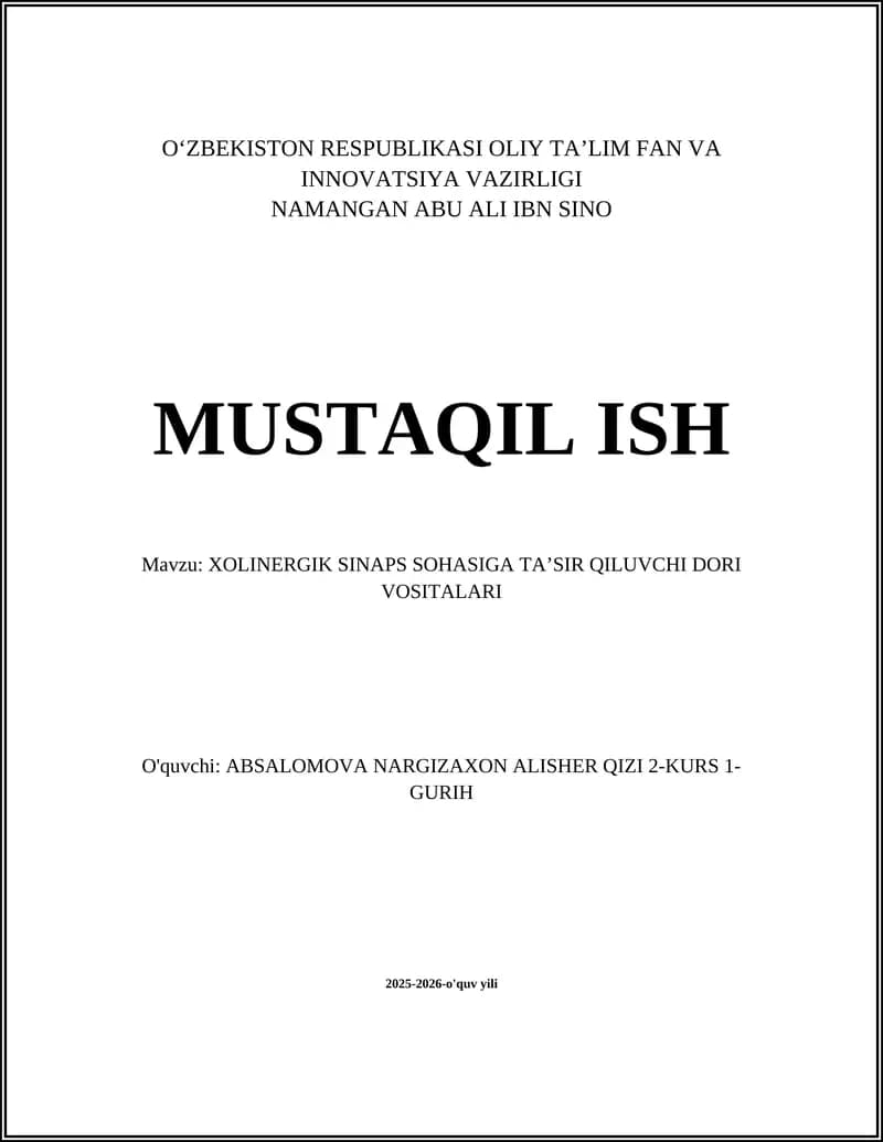 Asetilkolinesteraza inhibitorlari: turlar, mexanizmlar va klinik qoʻllanilishi