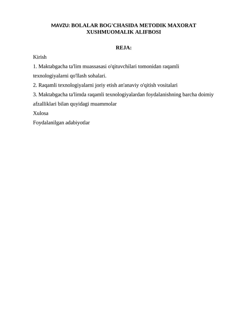 BOLALAR BOG'CHASIDA METODIK MAXORAT XUSHMUOMALIK ALIFBOSI