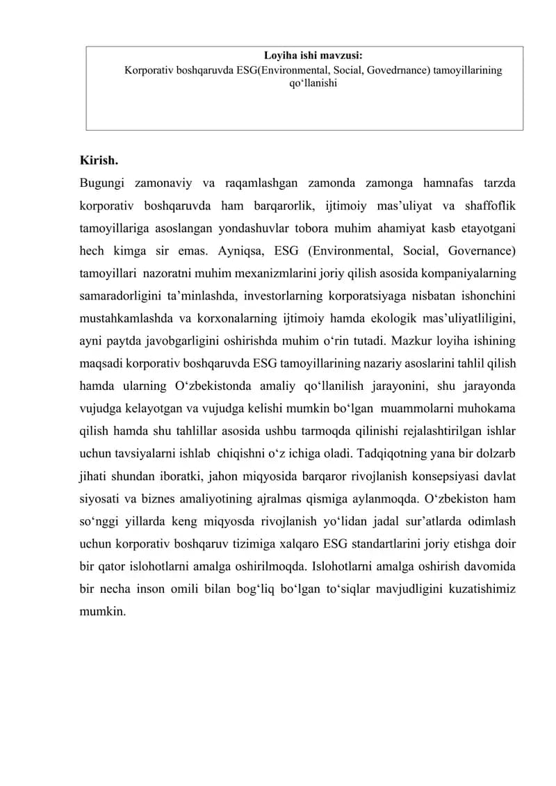 Loyiha ishi: ESG tamoyillarining qo‘llanishi