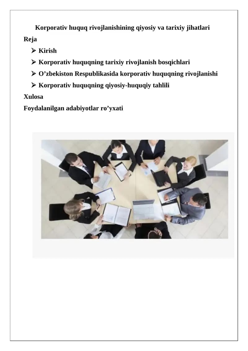 Korporativ huquq rivojlanishining qiyosiy va tarixiy jihatlari