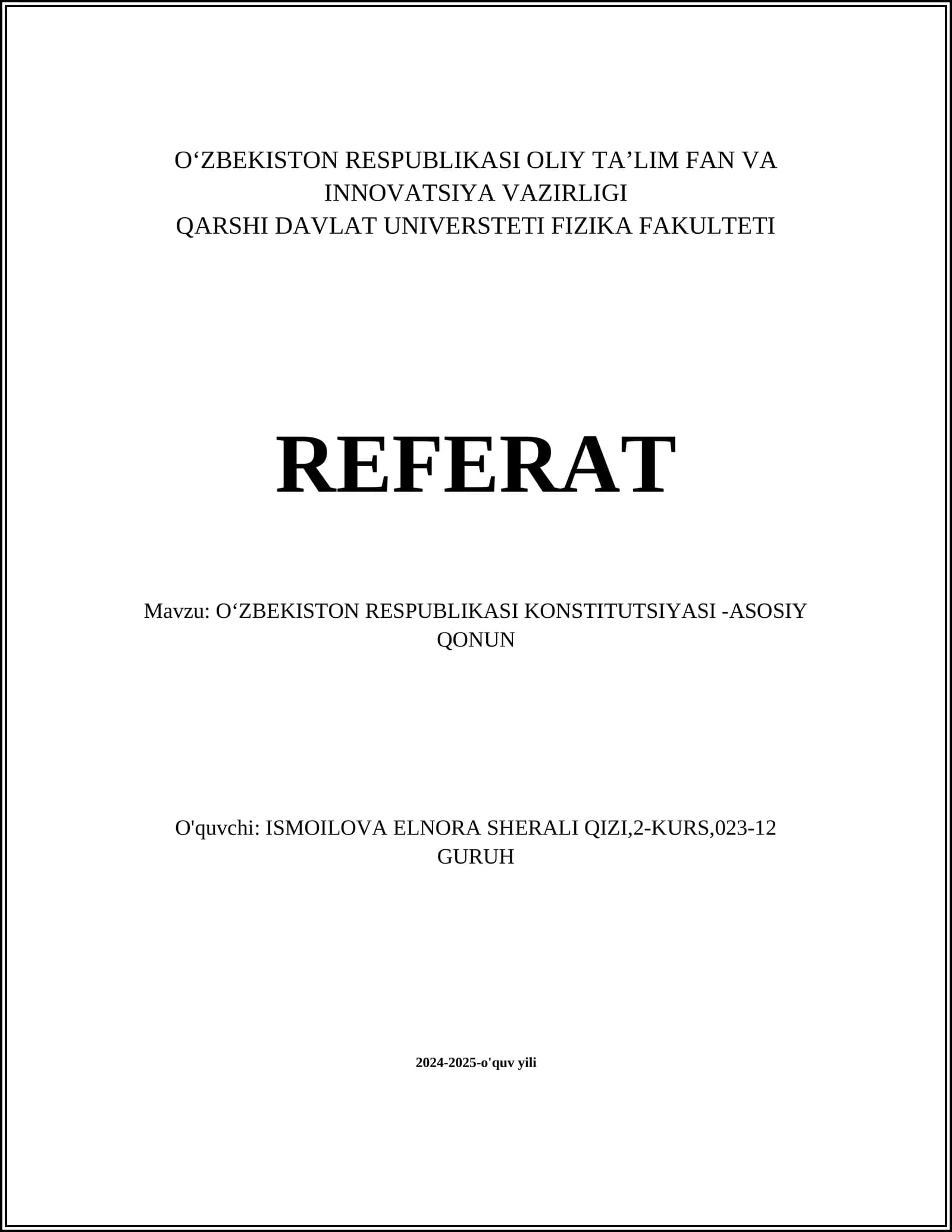 OʻZBEKISTON RESPUBLIKASI KONSTITUTSIYASI -ASOSIY QONUN
