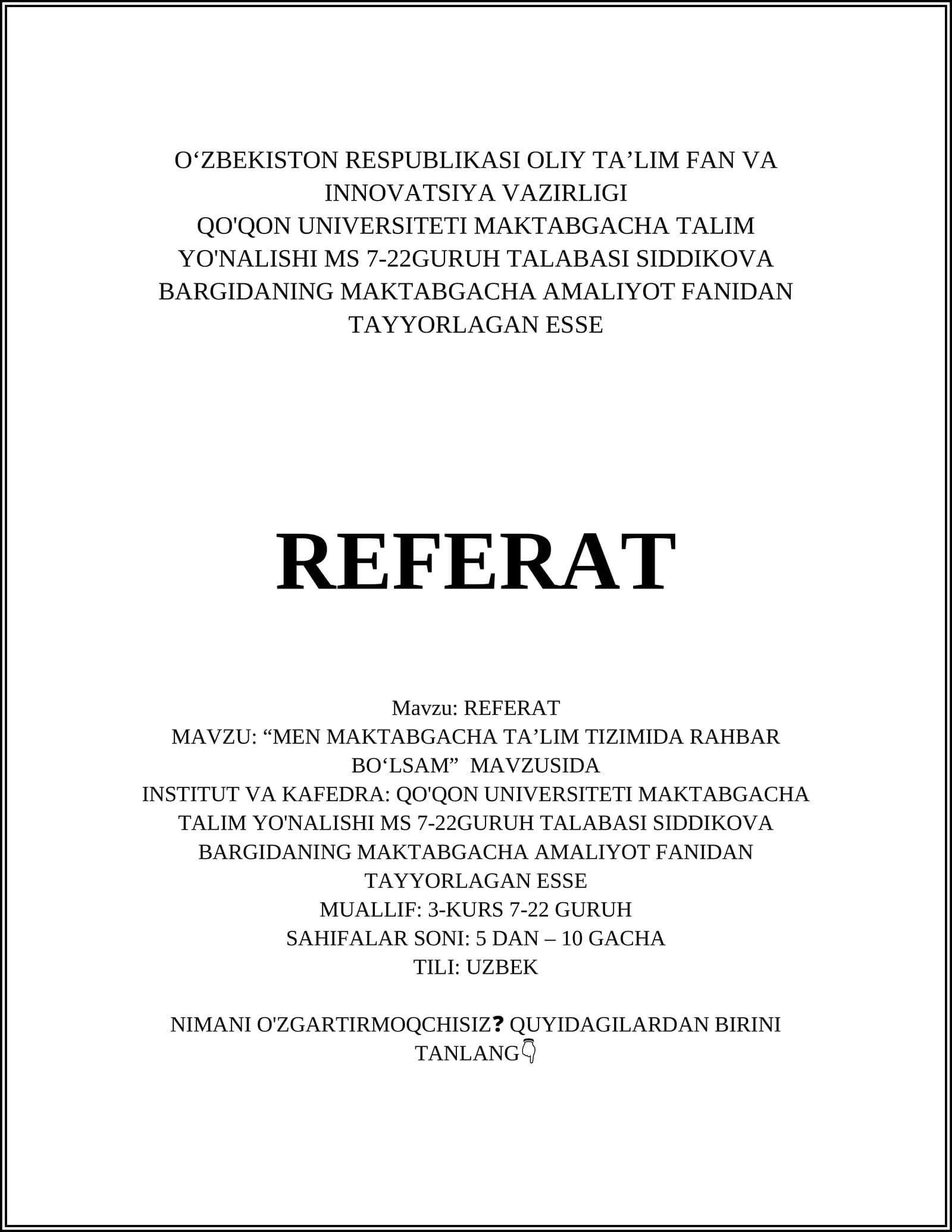 MAKTABGACHA AMALIYOT FANIDAN TAYYORLAGAN ESSE