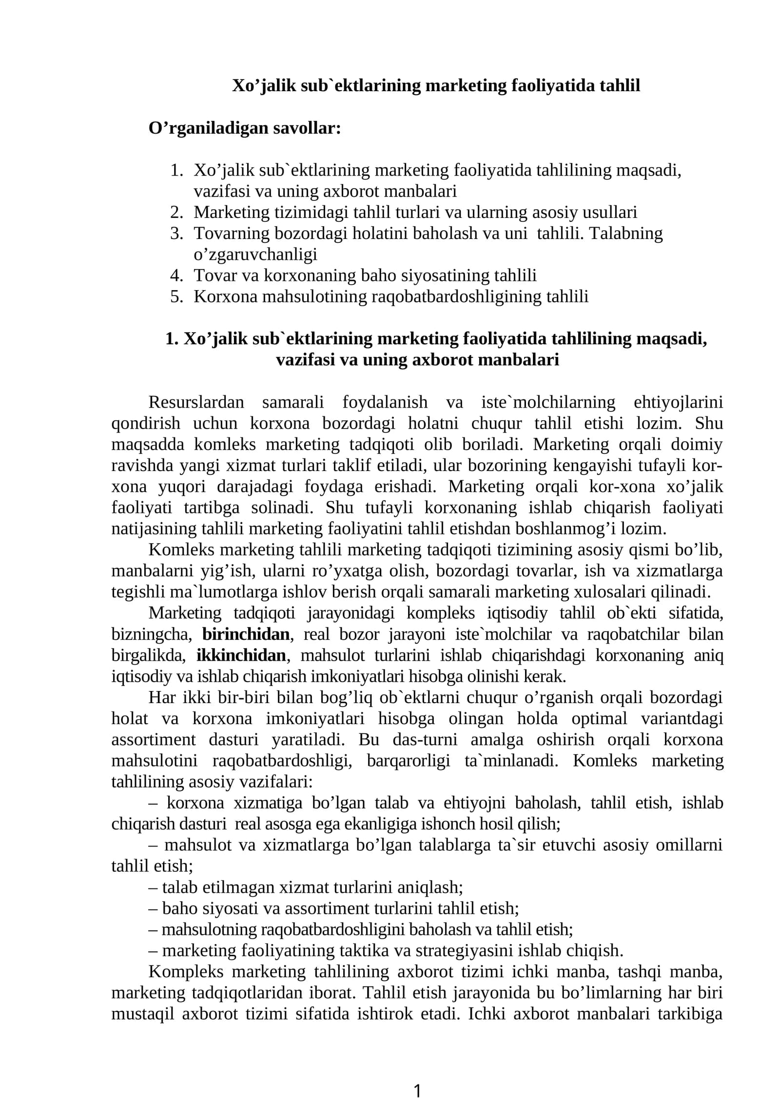 Xo’jalik sub`ektlarining marketing faоliyatida tahlil