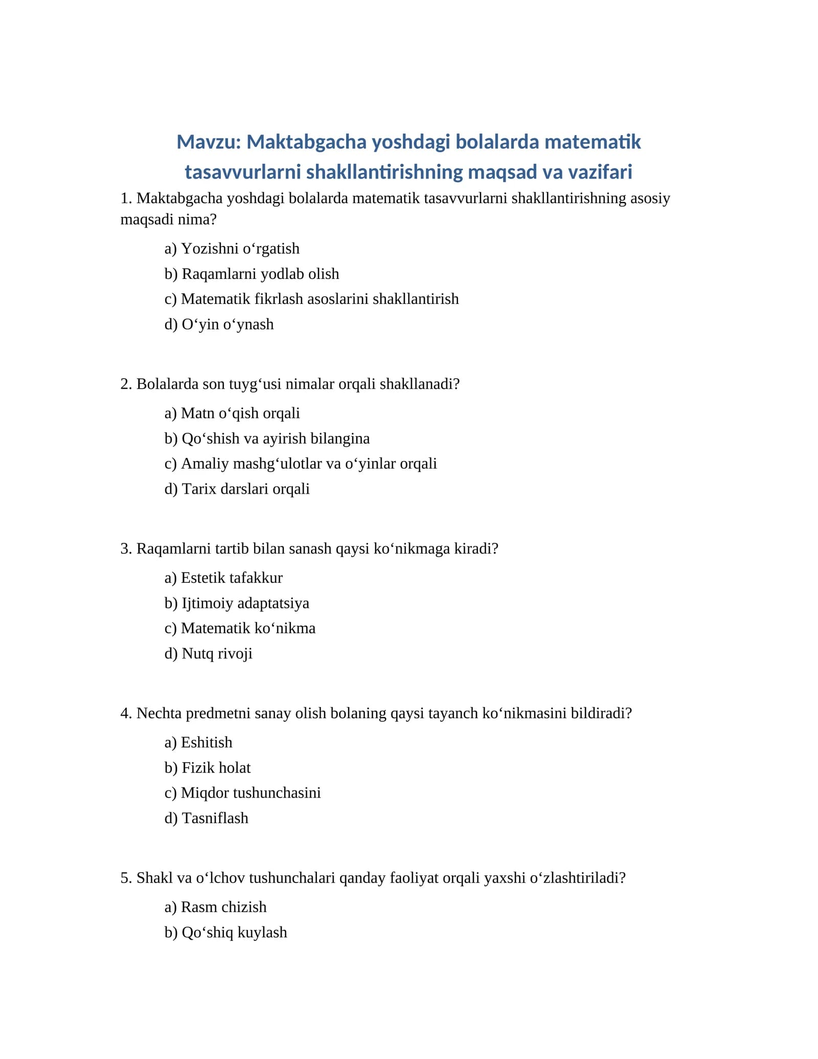 Maktabgacha yoshdagi bolalarda matematik tasavvurlarni shakllantirishning maqsad va vazifari