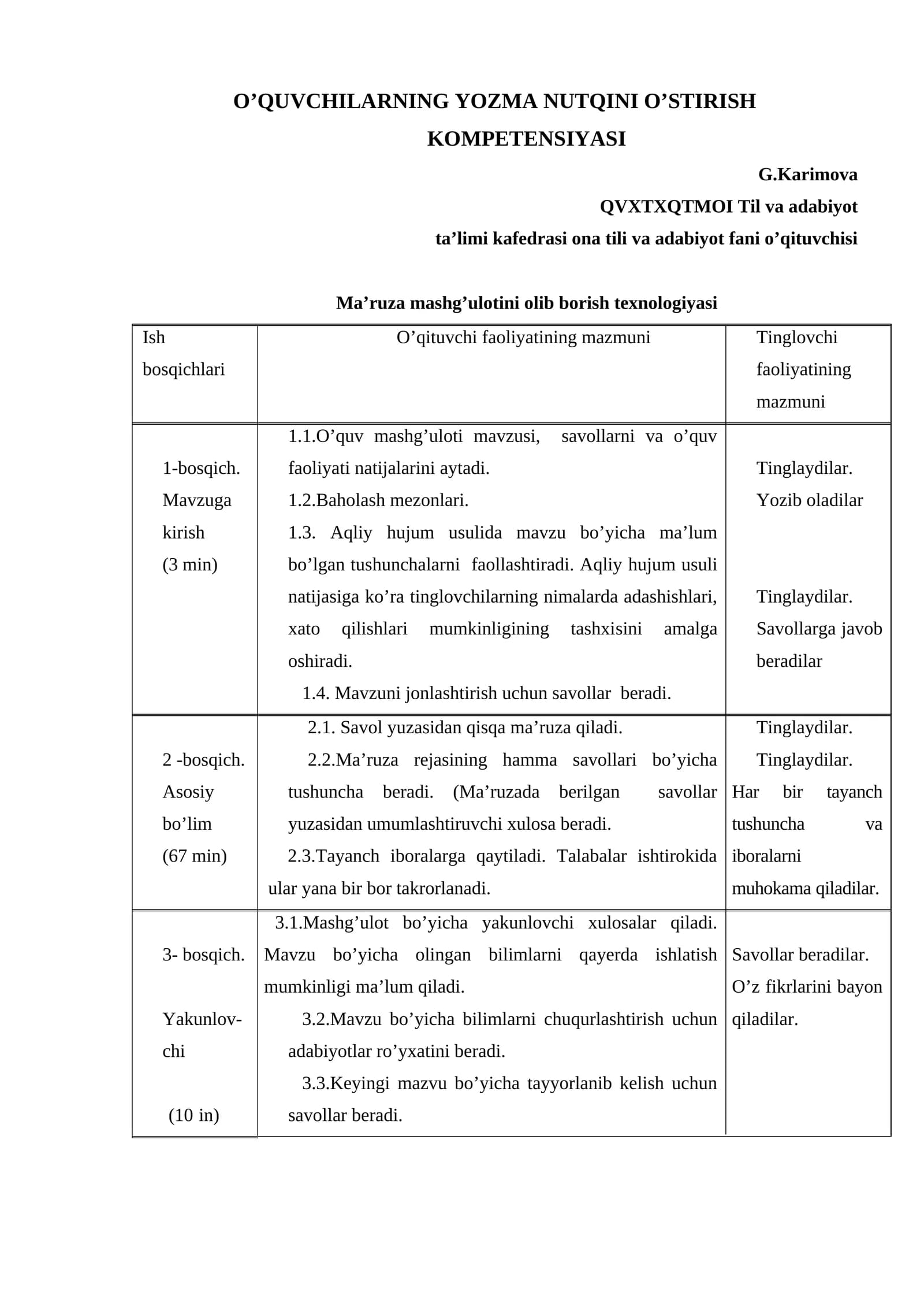 O’QUVCHILARNING YOZMA NUTQINI O’STIRISH KOMPETENSIYASI