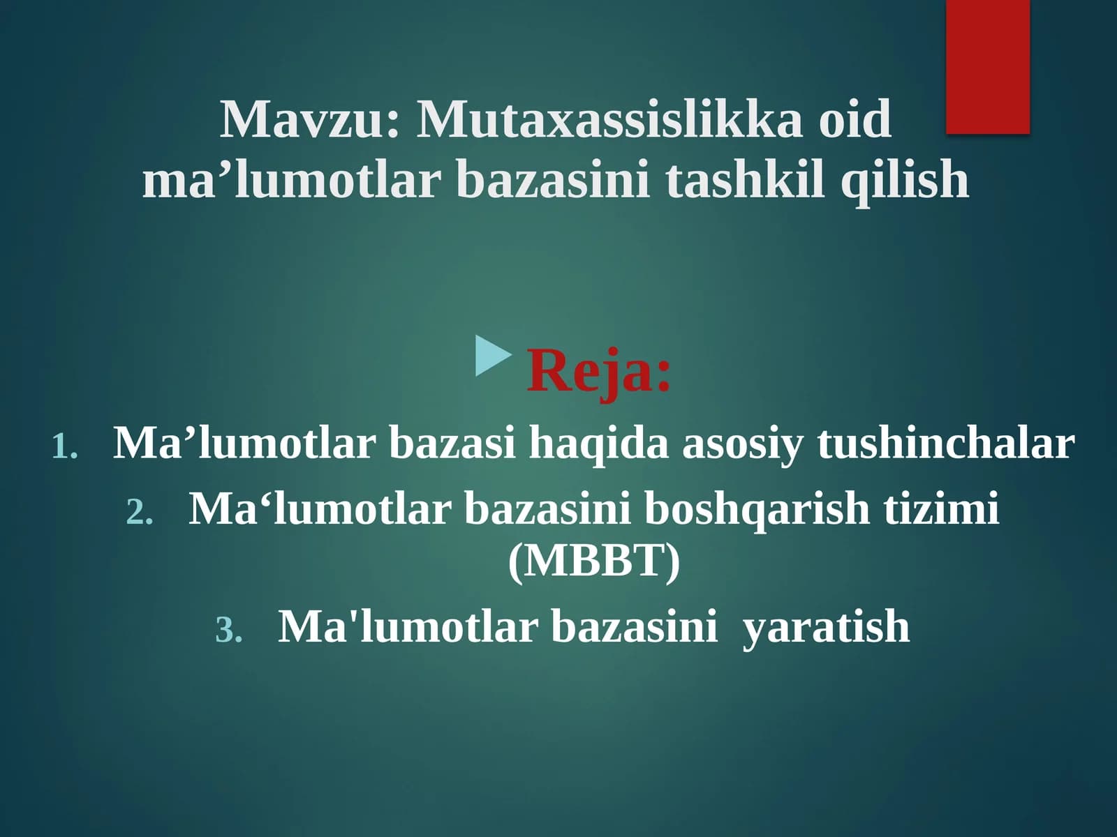Mutaxassislikka oid ma’lumotlar bazasini tashkil qilish