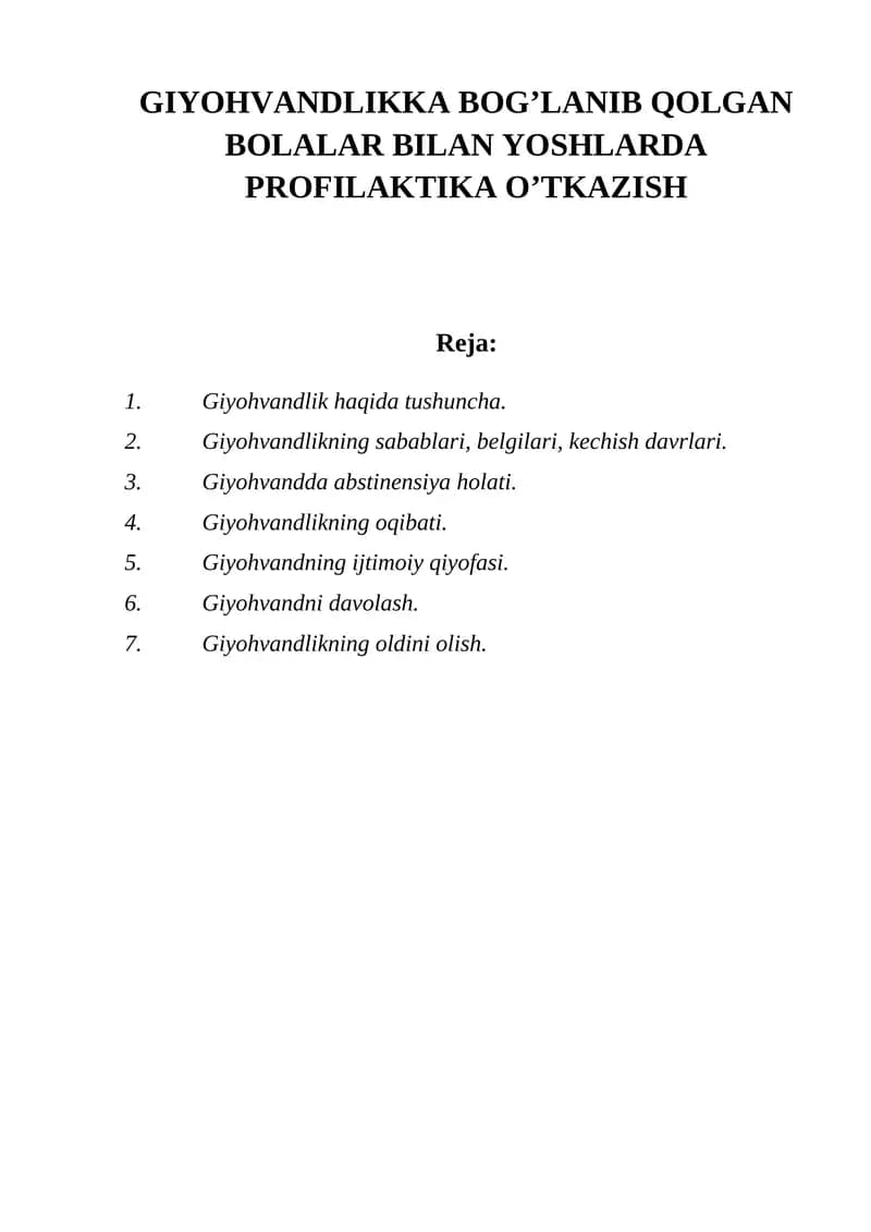 Giyohvandlikka Bog’lanib Qolgan Bolalar Bilan Yoshlarda Profilaktika O’tkazish