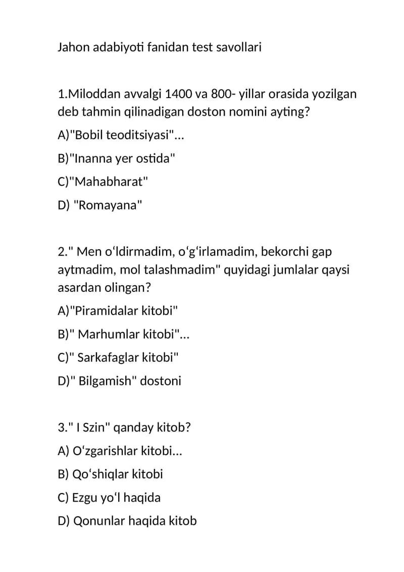 Jahon adabiyoti fanidan test savollari
