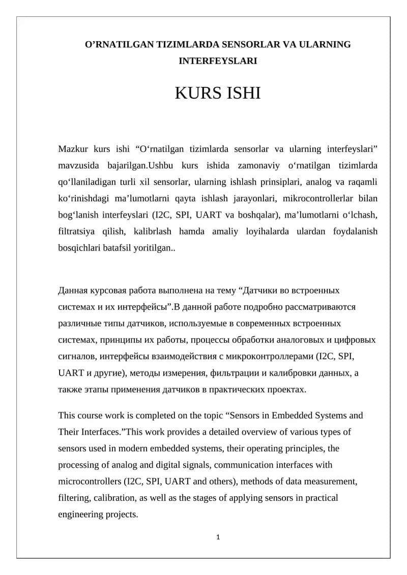 O’RNATILGAN TIZIMLARDA SENSORLAR VA ULARNING INTERFEYSLARI