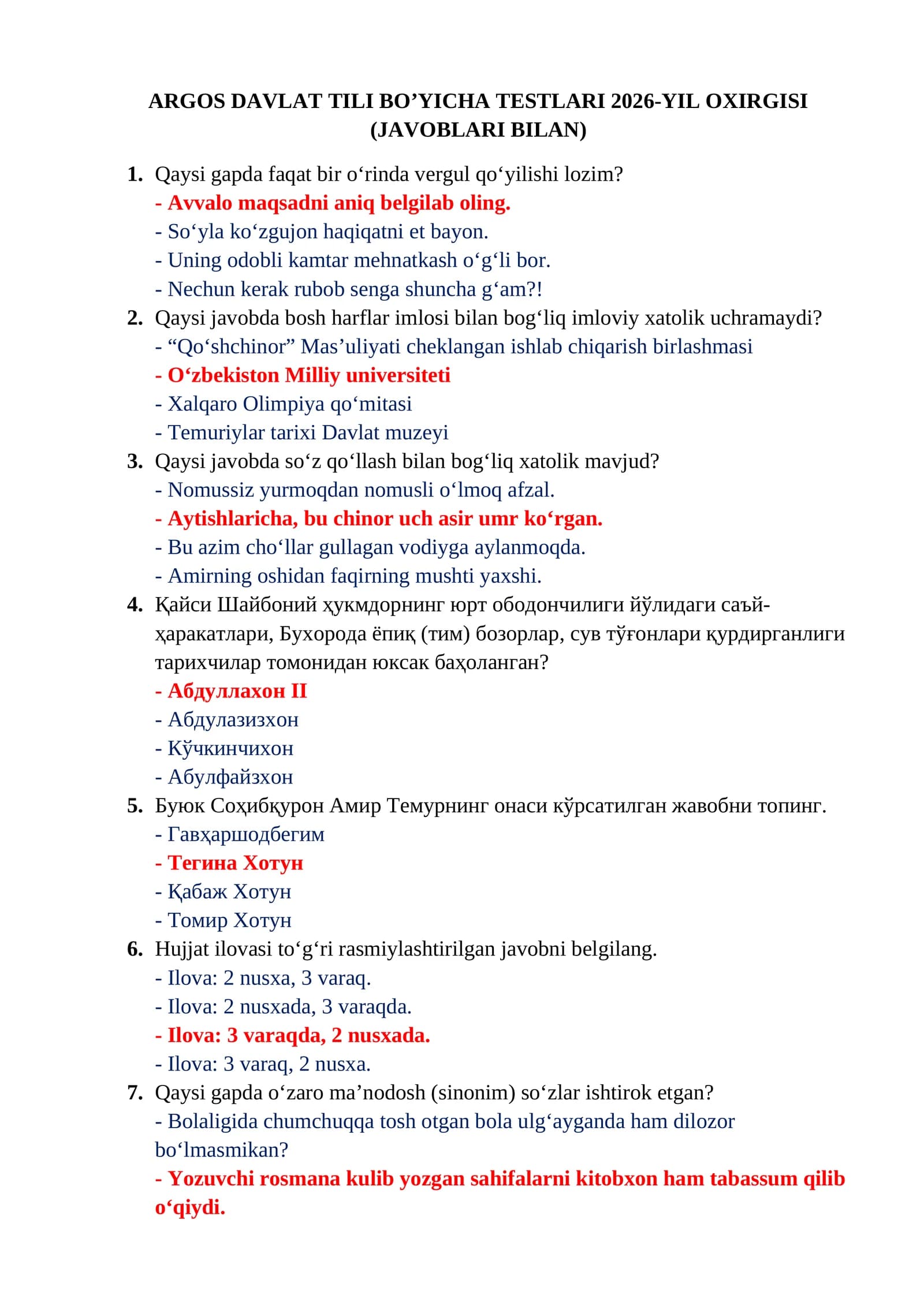ARGOS DAVLAT TILI BO’YICHA TESTLARI 2026-YIL OXIRGISI (JAVOBLARI BILAN)