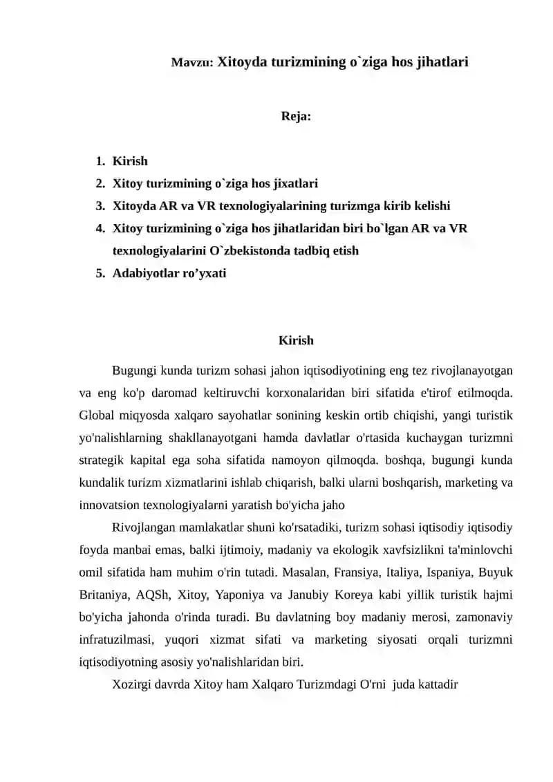 Xitoyda turizmining o`ziga hos jihatlari