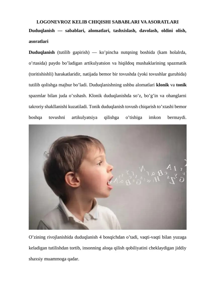 LOGONEVROZ KELIB CHIQISHI SABABLARI VA ASORATLARI